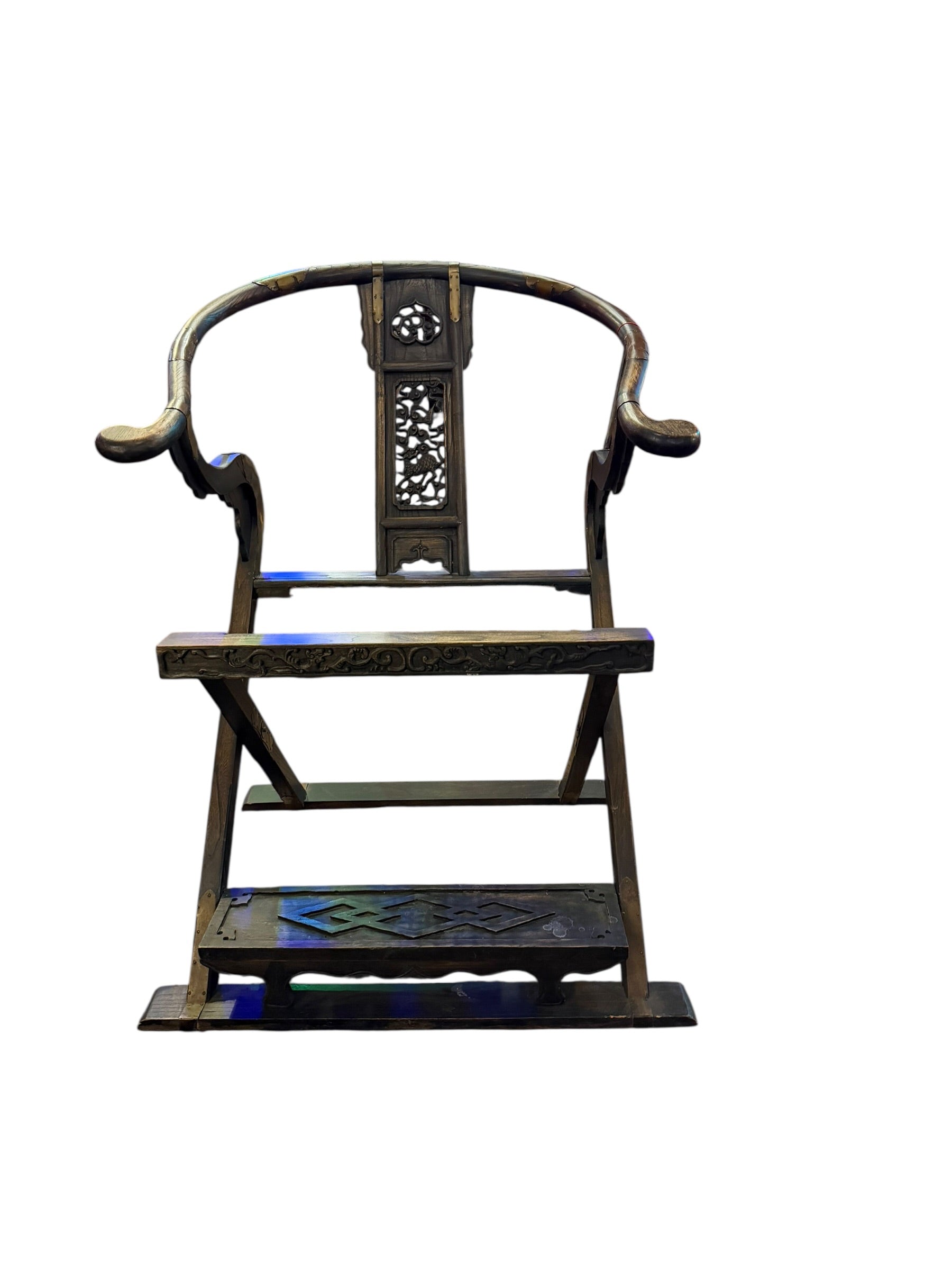 Antique Chinese Huanghuali Horseshoe Back Folding Throne Chair