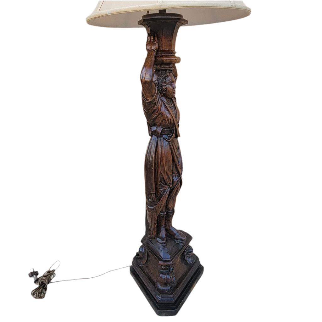 Antique Carved Walnut Figural Lamp with Shade