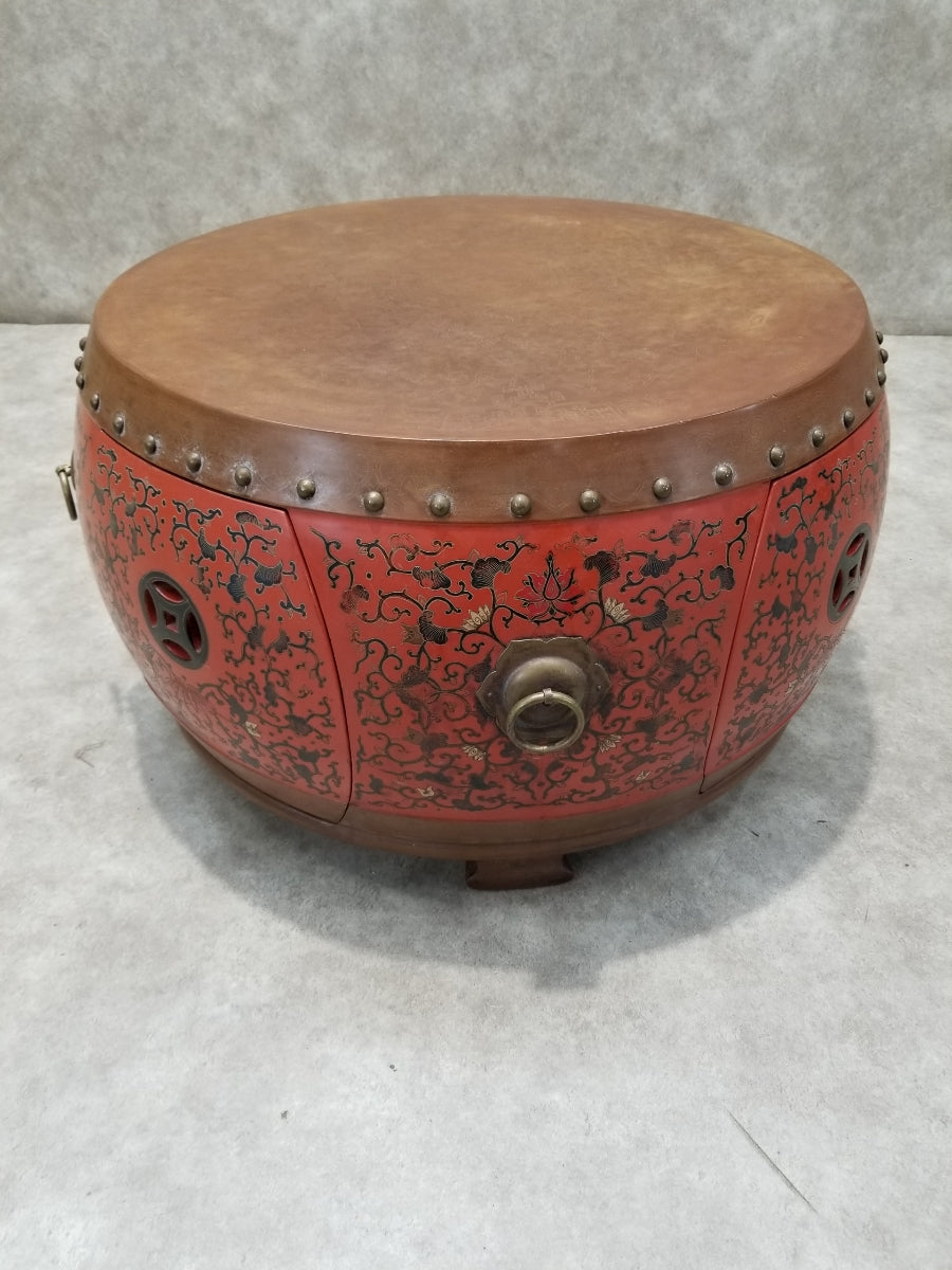 Vintage Asian Style Red Coromandel Drum Coffee/Side Table - Set of 5