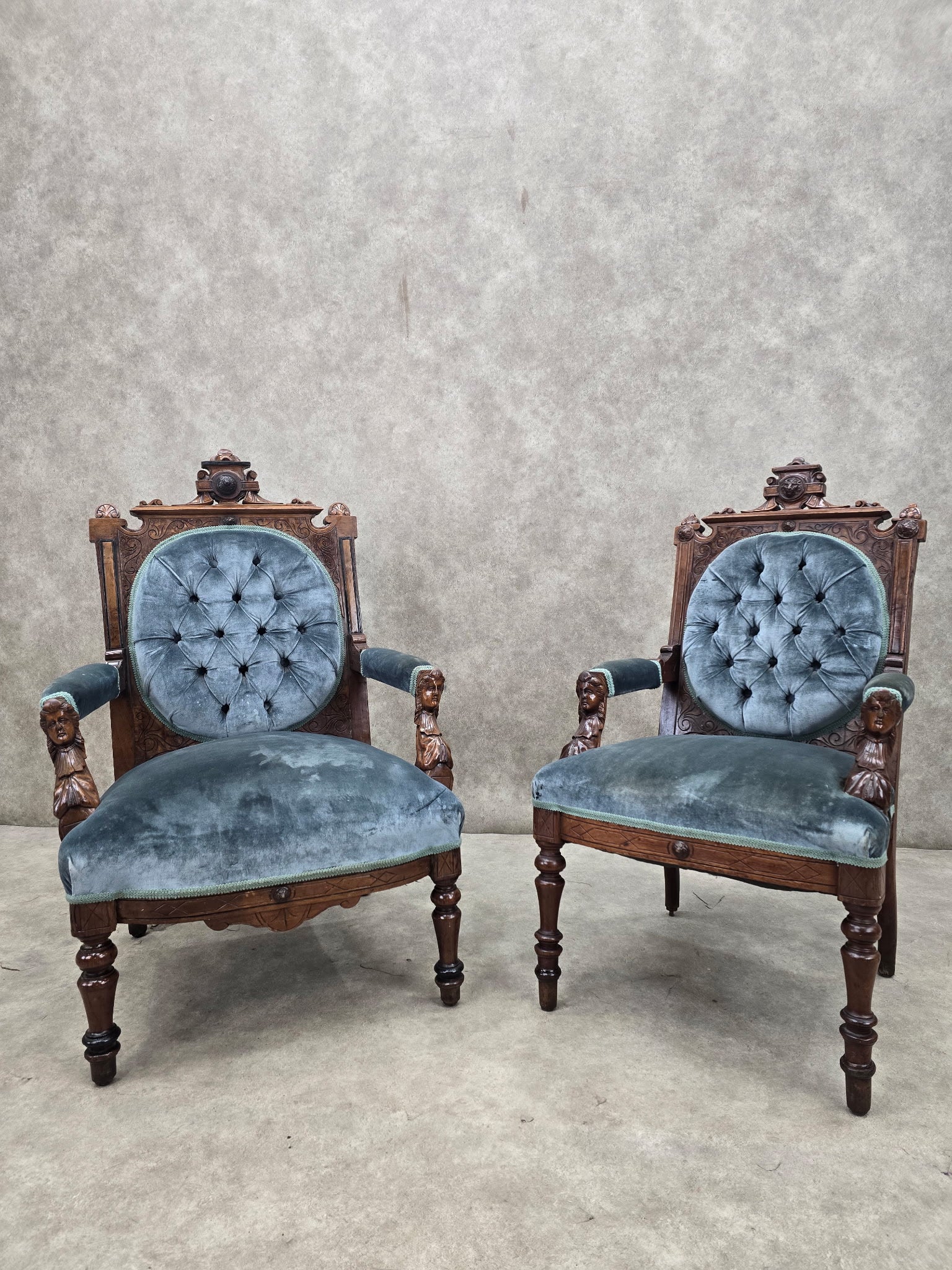 new - Antique Renaissance Revival Carved Chairs by John Jelliff - Set of 2