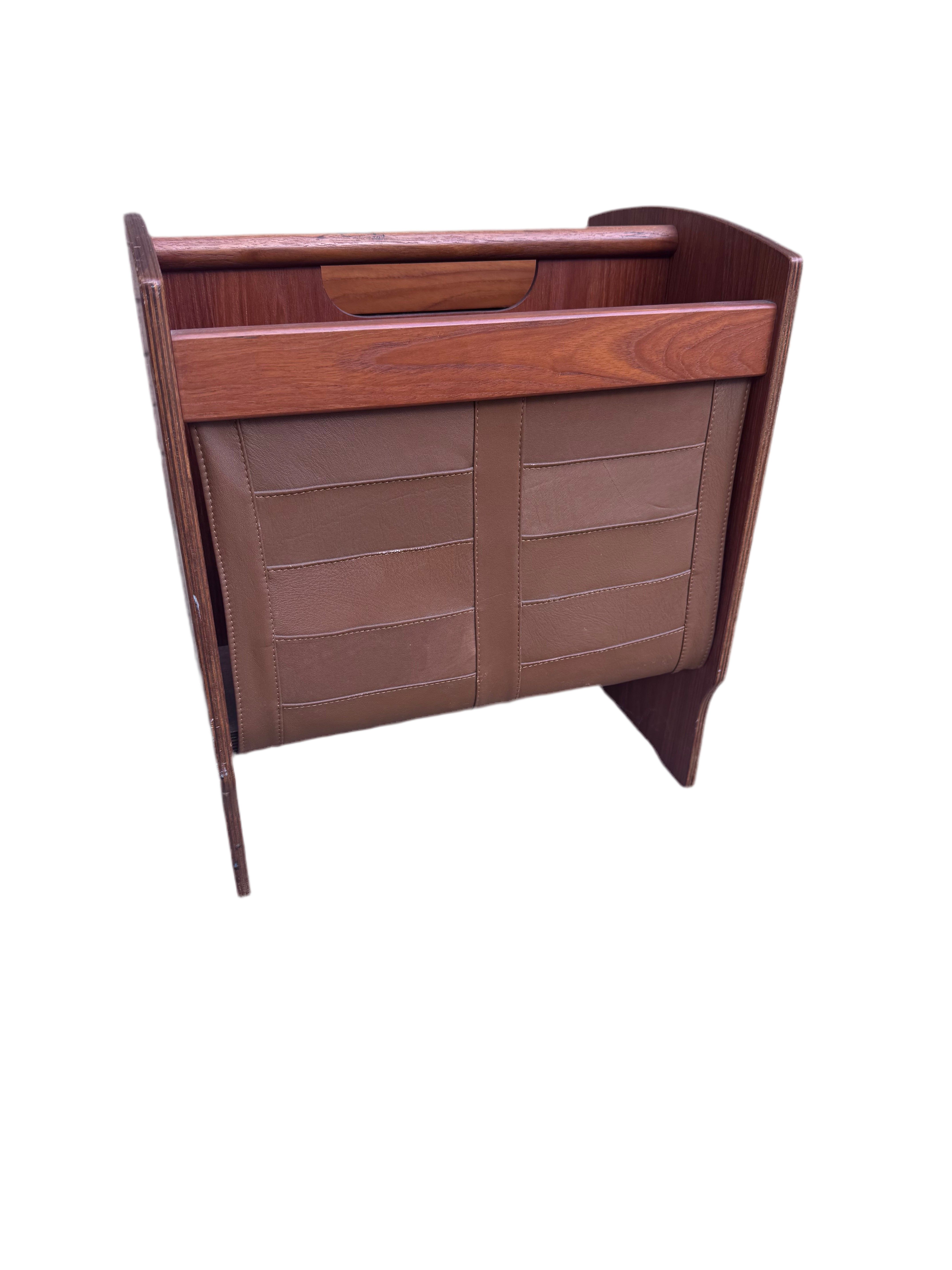 Vintage Scandinavian Wood and Leather Magazine Rack