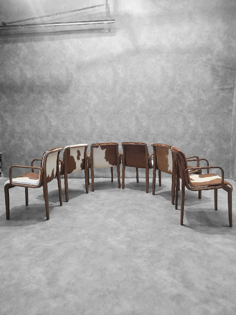 NEW - Mid-Century Set of 6 Bill Stephens Walnut Armchairs For Knoll Newly Custom Upholstered in Brown & White Hair-on Brazilian Cowhide - Set of 6