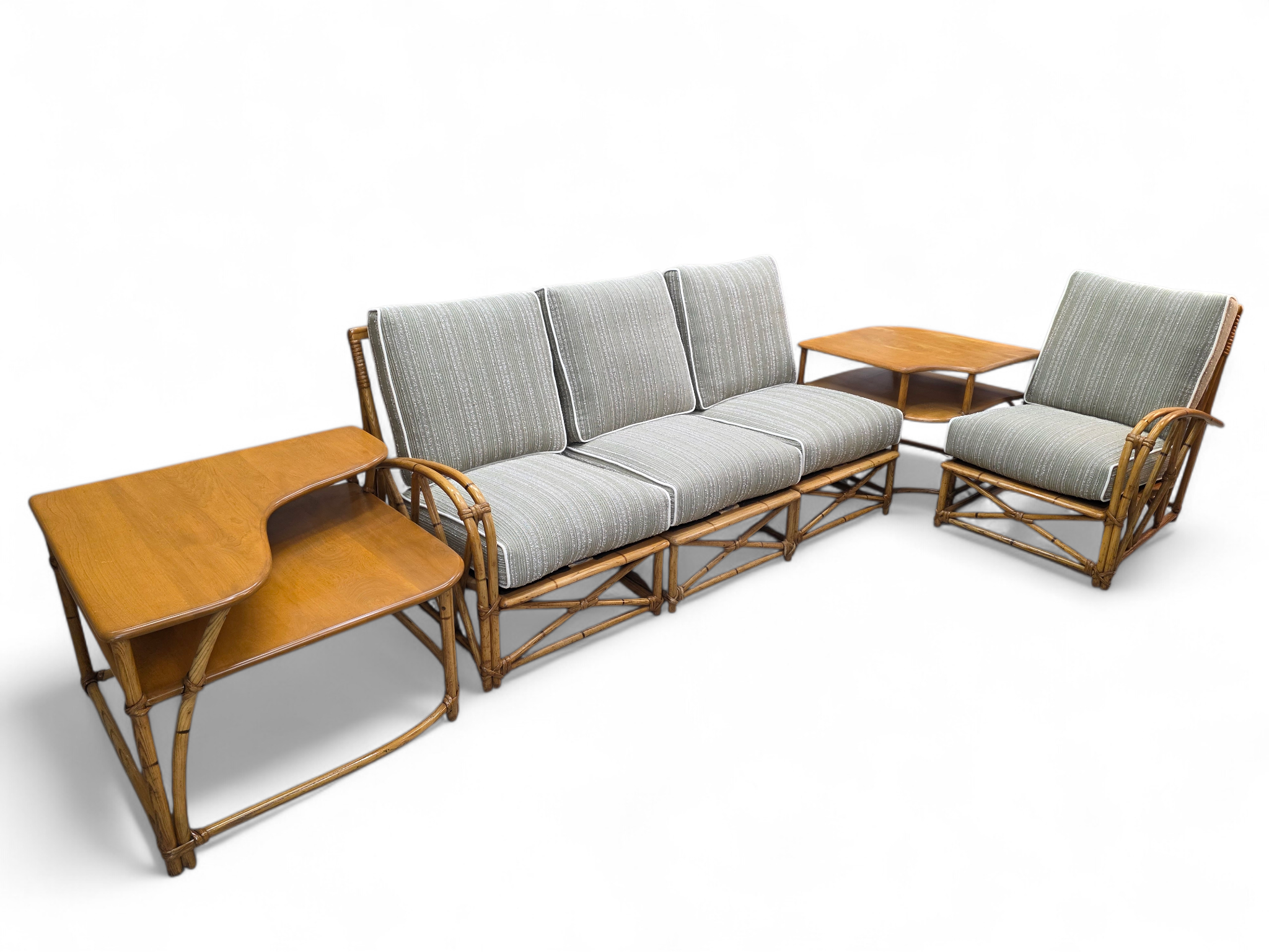 New - Mid Century Modern Coastal Bamboo 4 Piece Modular Sectional Sofa Newly Reupholstered with Two Tier Bamboo Side Tables by Heywood Wakefield