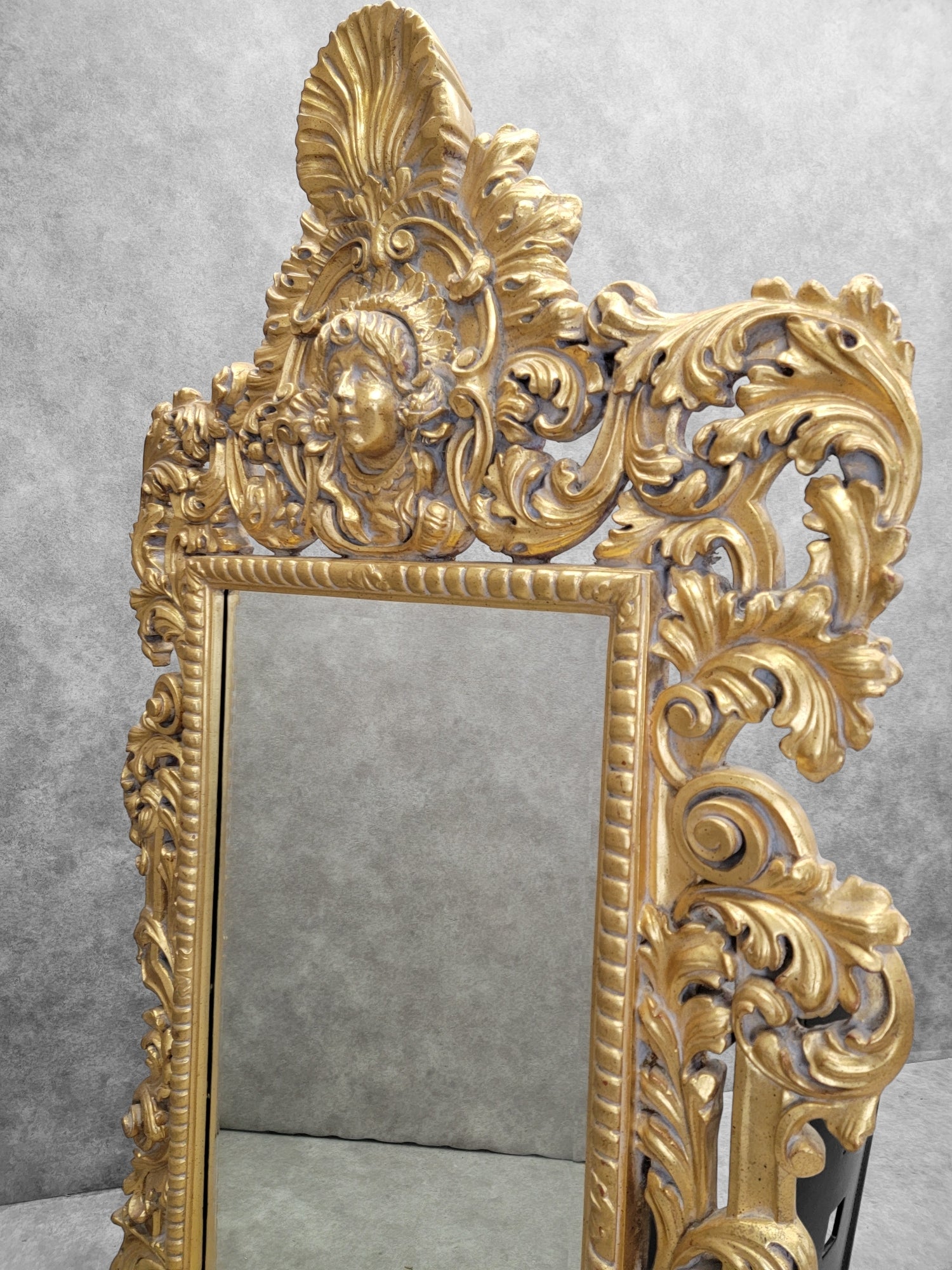 Vintage Hollywood Regency Italian Versace Style Carved Ornate Gold Gilded Figural Beveled Wall Mirror