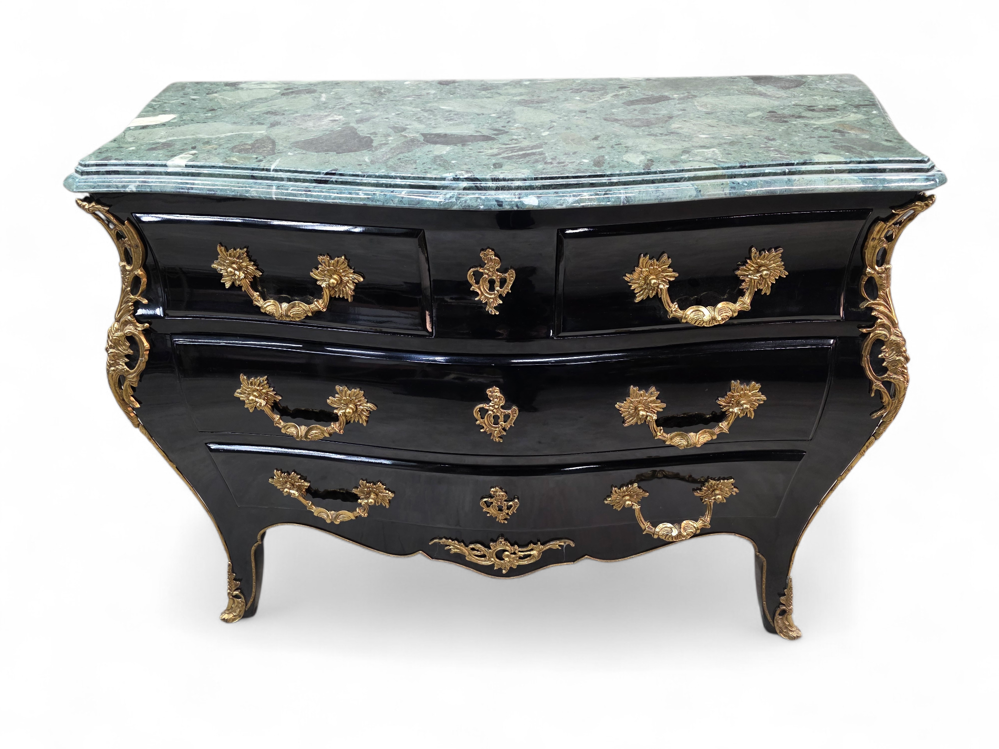 Vintage French Louis XV Style Black Lacquer Bombe Commode