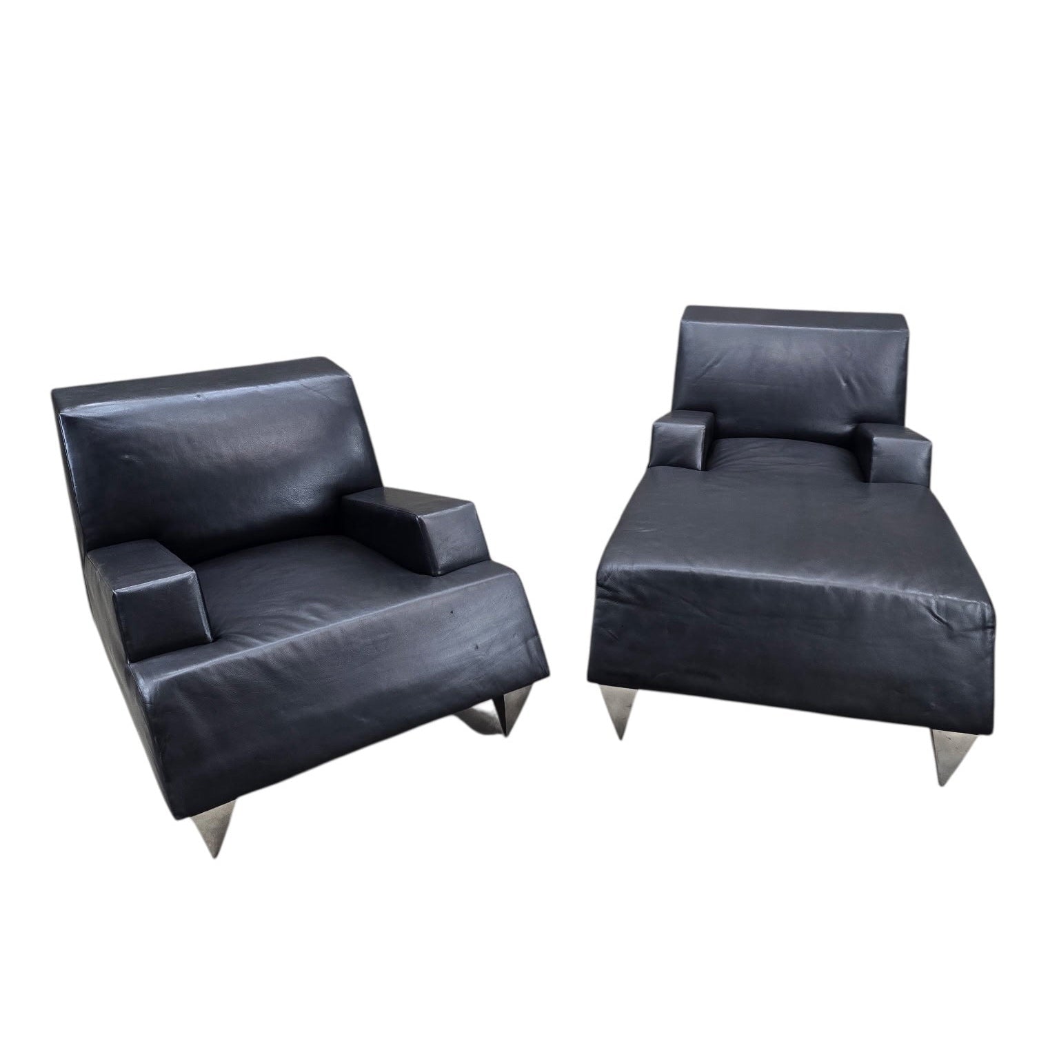 Vintage Modern Black Leather Lounge Chair and Chaise, 2-Piece Set by Catherine Chanicci