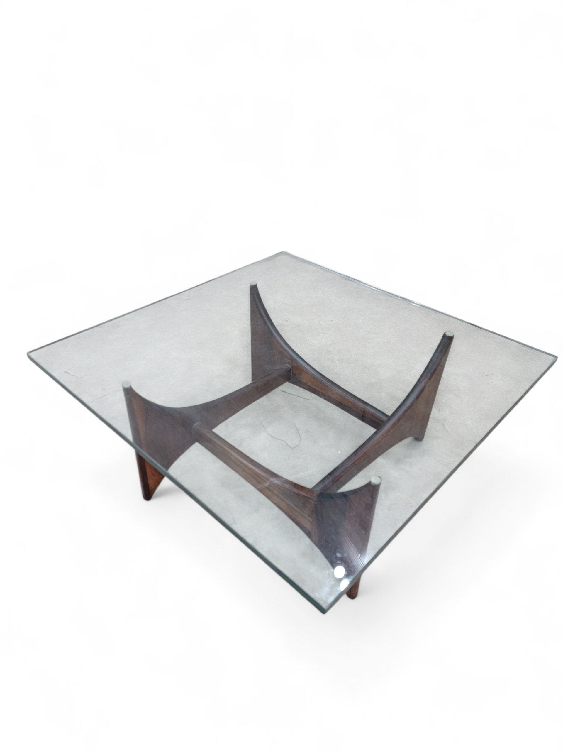 Mid Century Modern Adrian Pearsall Walnut Square Fin Base Glass Top Coffee Table