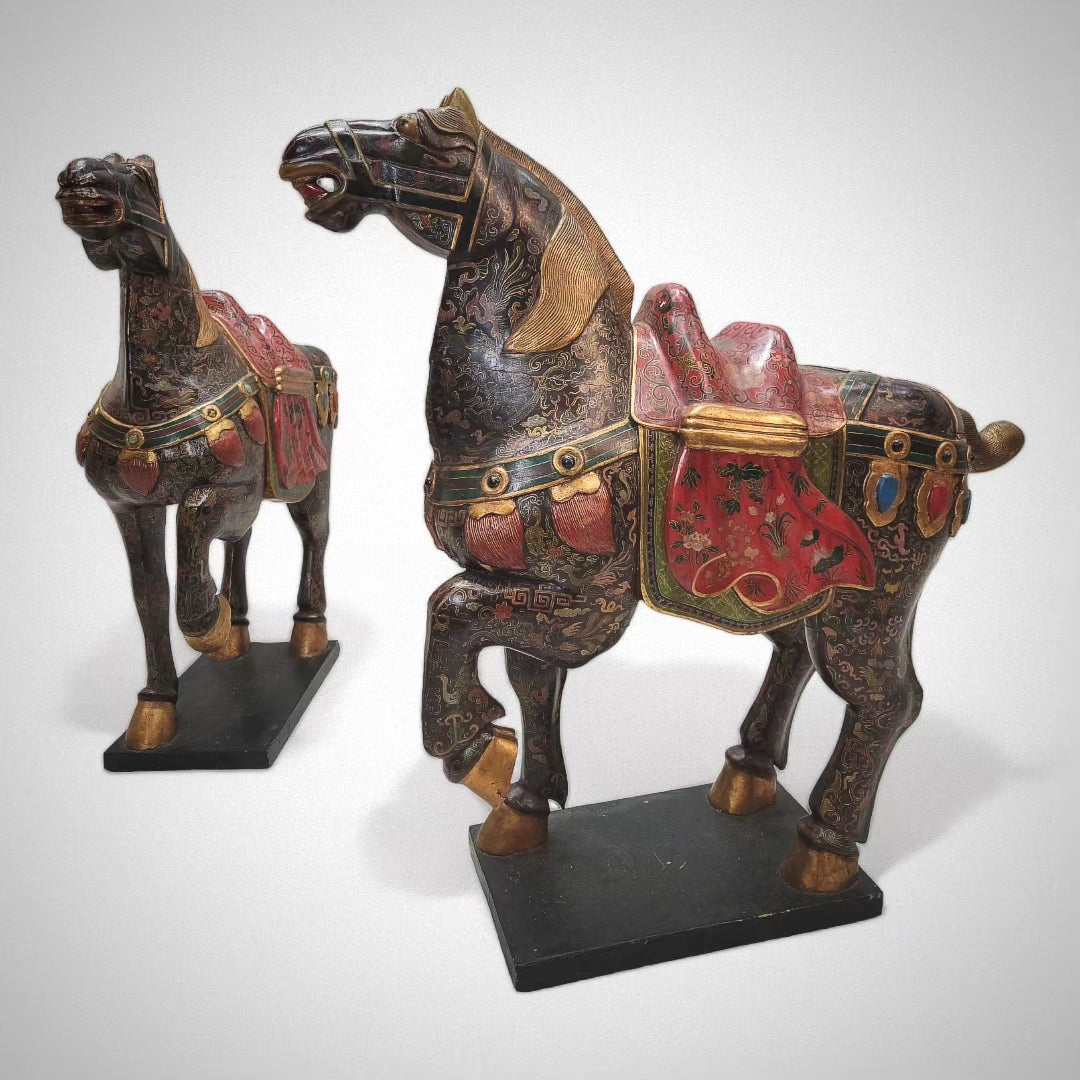 Vintage Tang Dynasty Style War Horse Floor Statues Sculptures - Set of 2