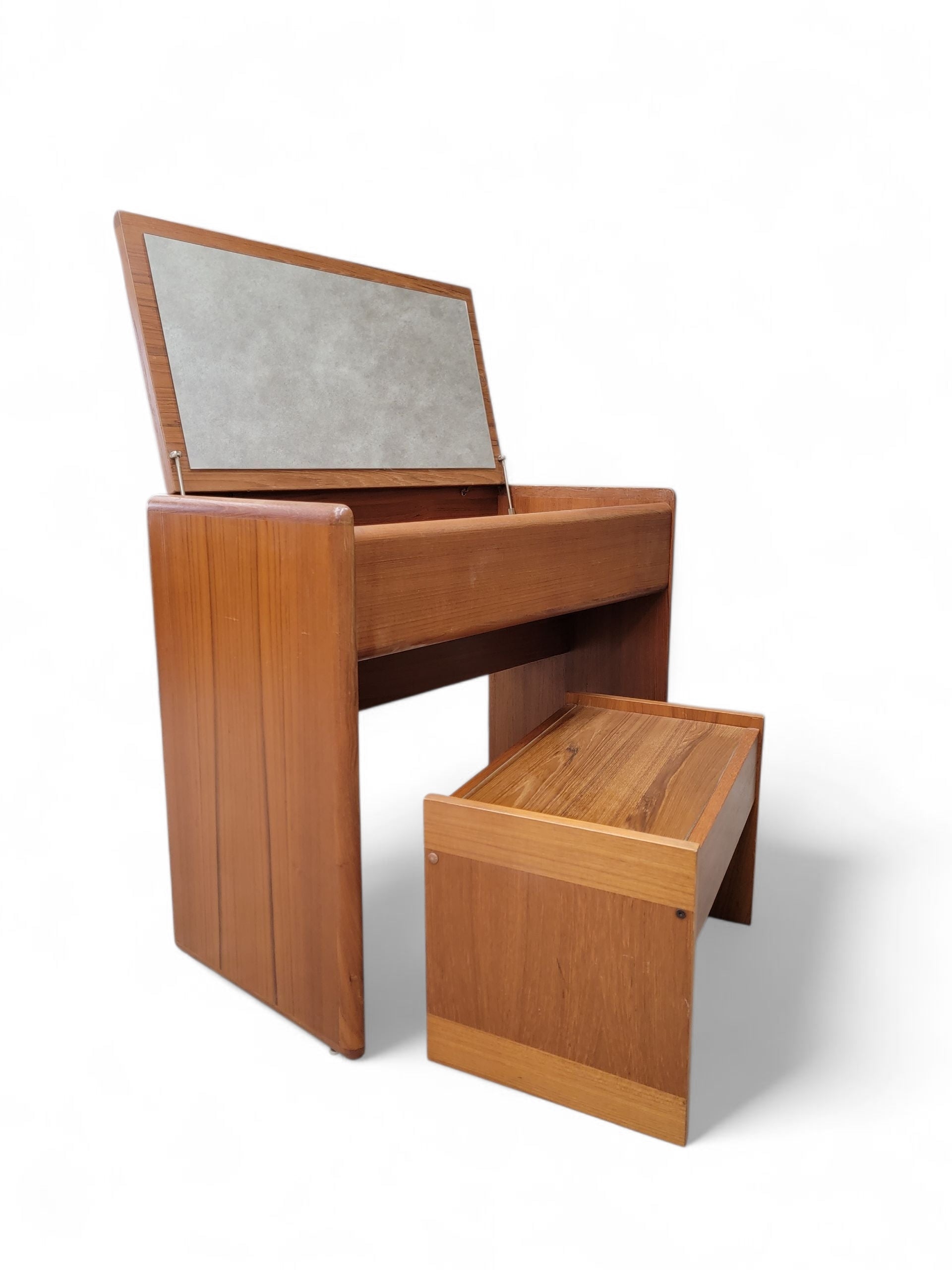 Mid Century Danish Teak Vanity/Desk with Flip-Top Mirror and Storage with Matching Stool