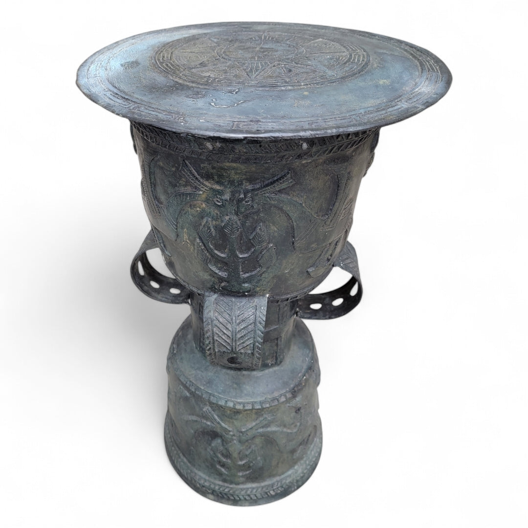 Antique Balinese Hammered Bronze Rain Drum Garden Stool/Plant Stand - Set of 2