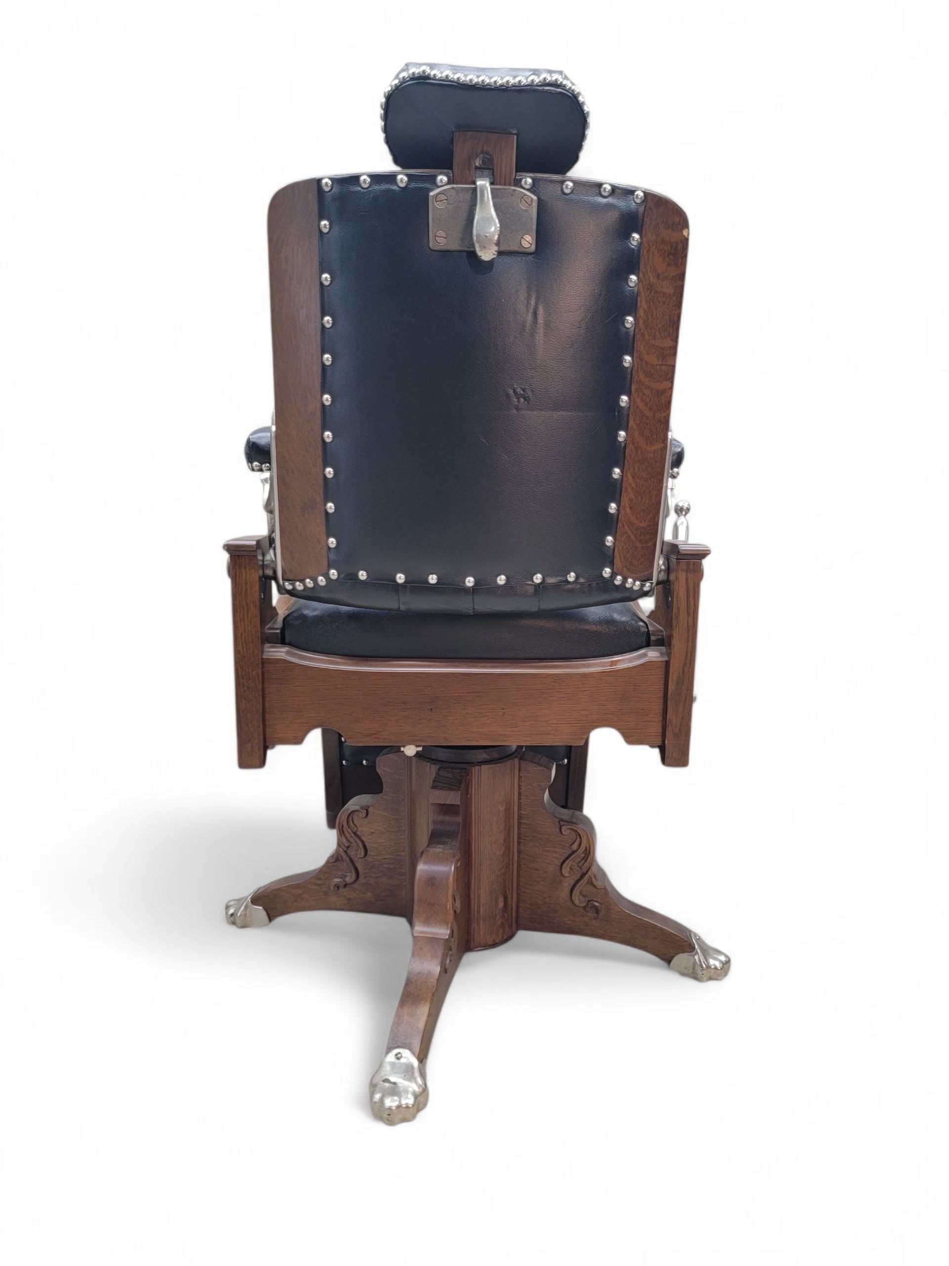 Antique Koken Restored Quartersawn Oak Barber Chairs in Black Leather – Set of 3