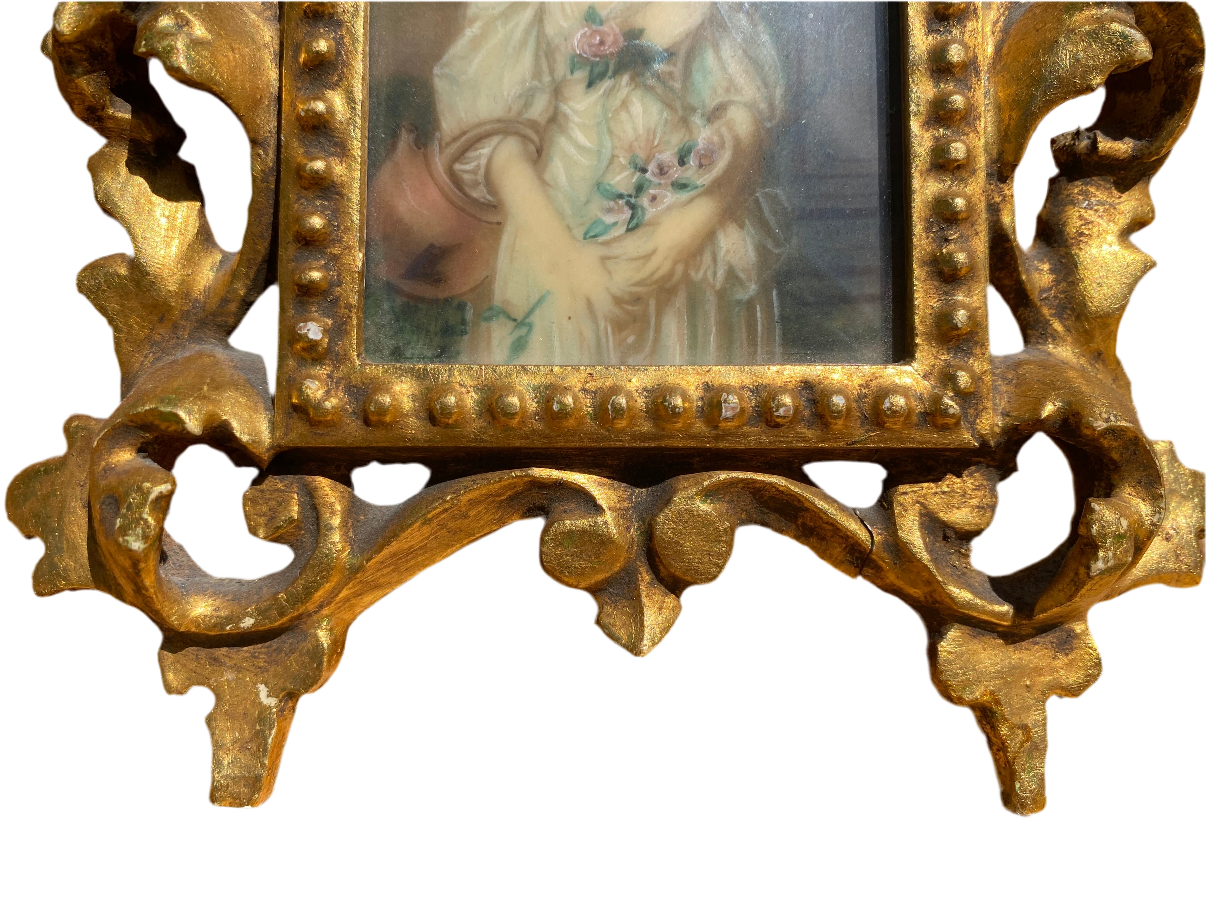 Antique Victorian Portrait on Hand-Painted Porcelain Plaque in a Carved Gilt Wood Frame - Set of 2