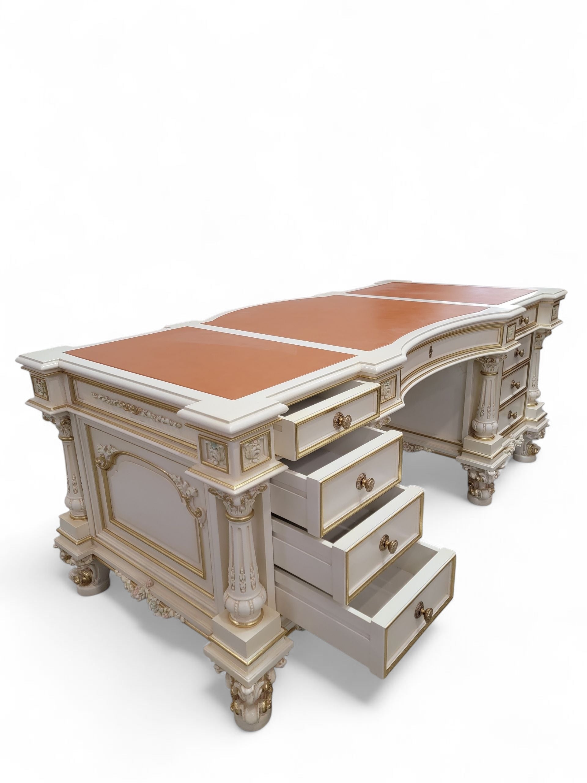 Vintage Custom Venetian Antique Rococo Style Antique White Carved Executive Desk