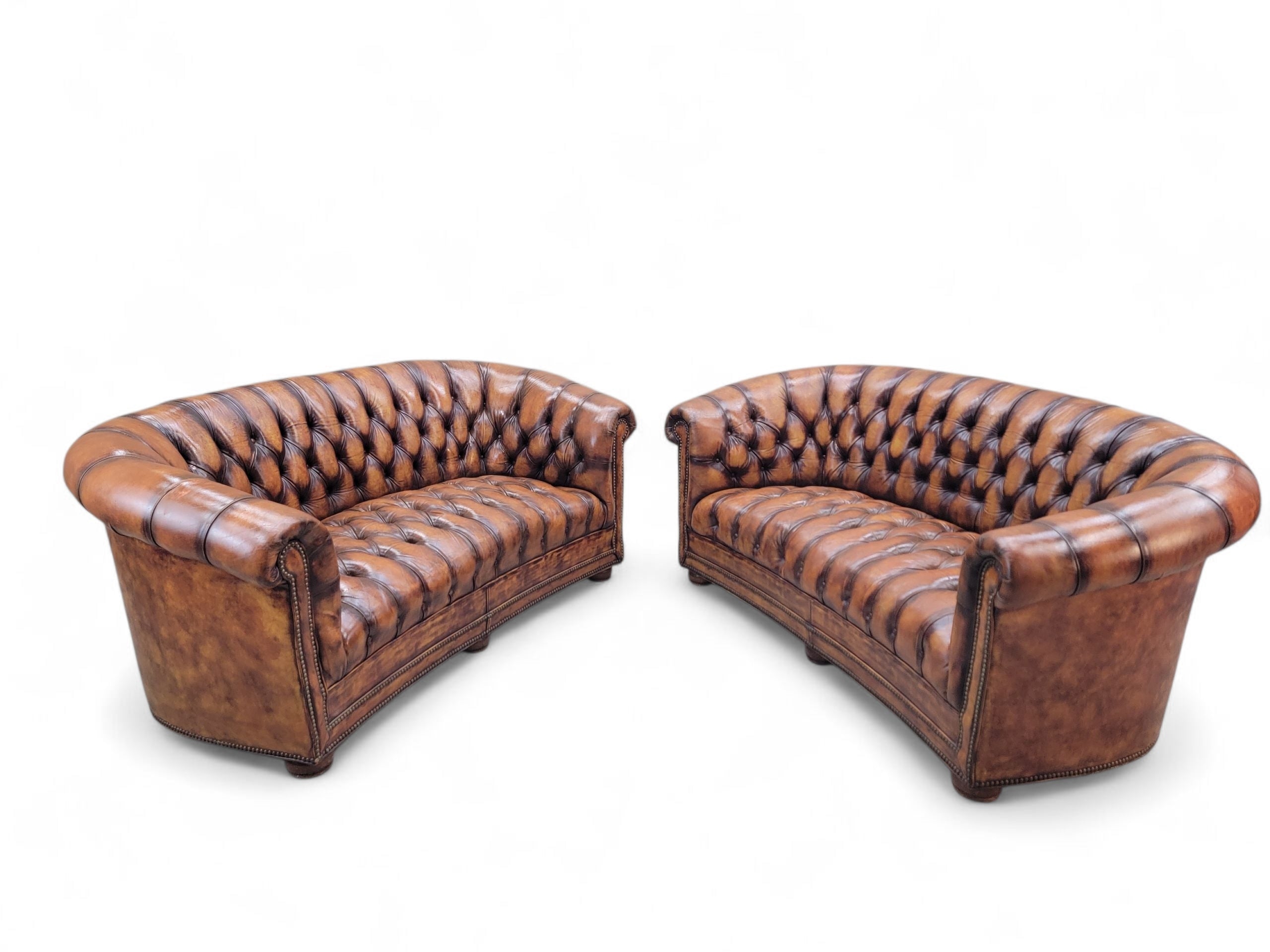 Vintage English Tufted Hand Dyed Distressed Cognac Leather Chesterfield Sofa - Pair