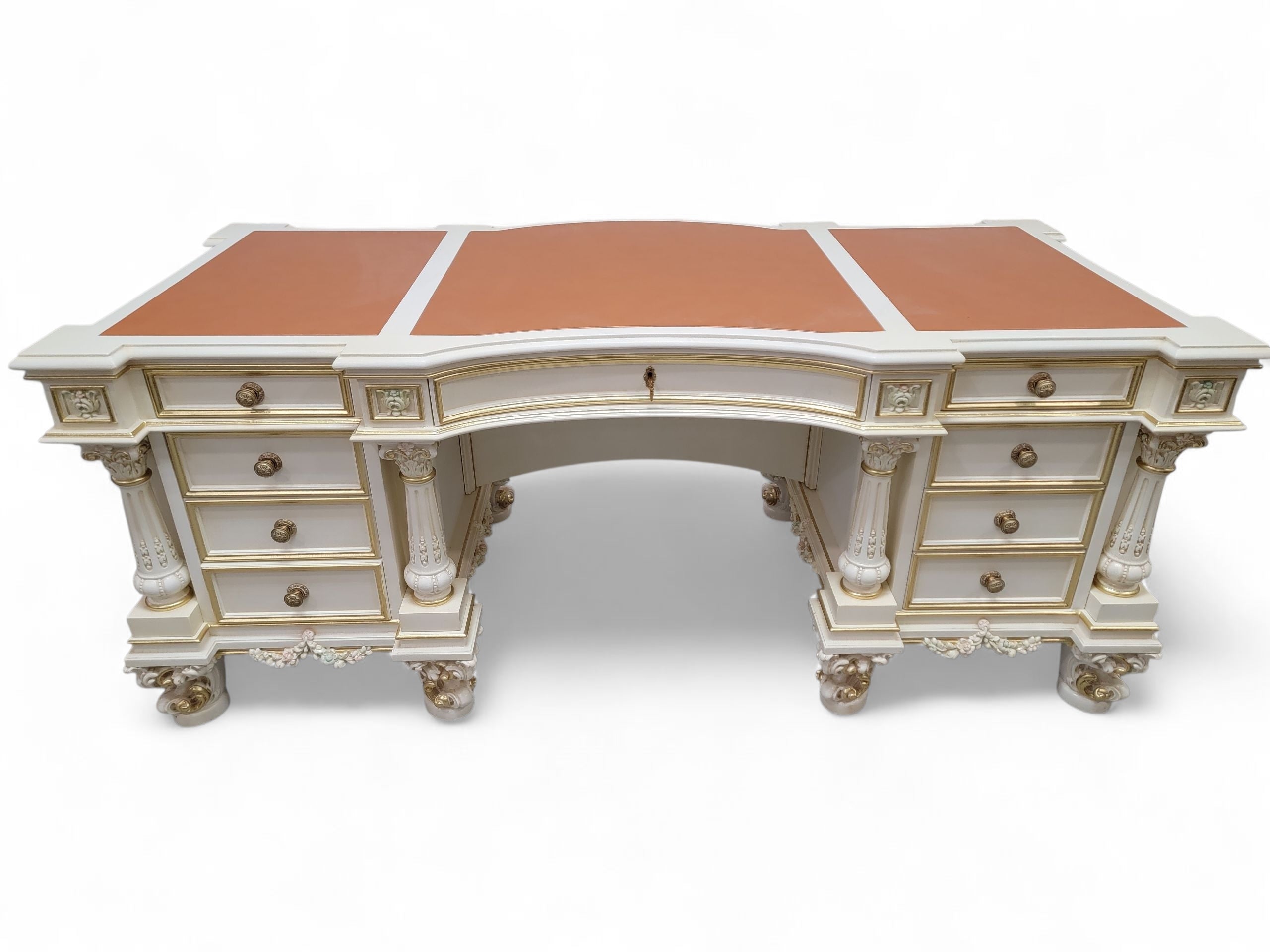 Vintage Custom Venetian Antique Rococo Style Antique White Carved Executive Desk