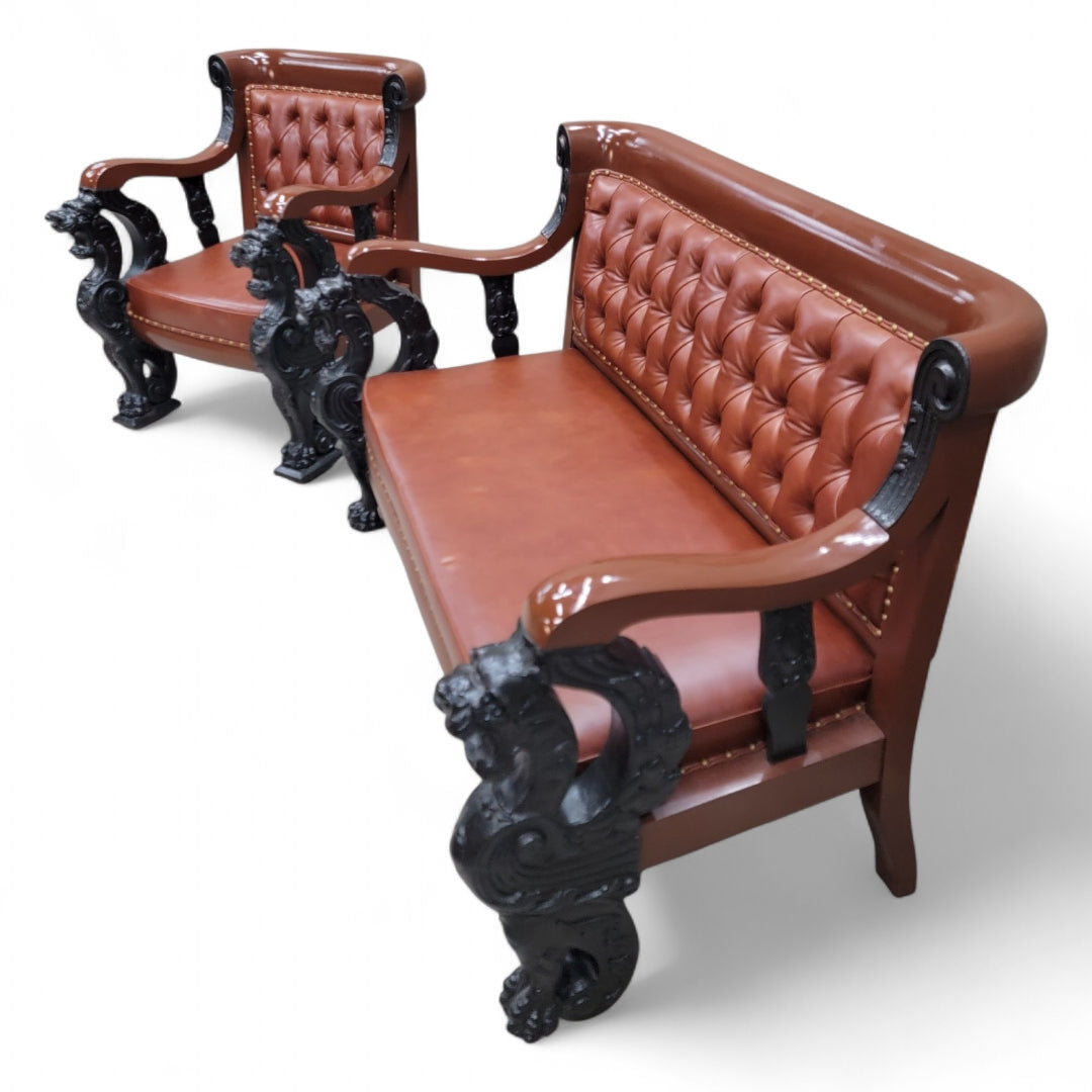 Antique R.J. Horner Style Carved Winged Griffin Tufted Parlor Set Newly Restored & Reupholstered in Leather - 3 Piece Set