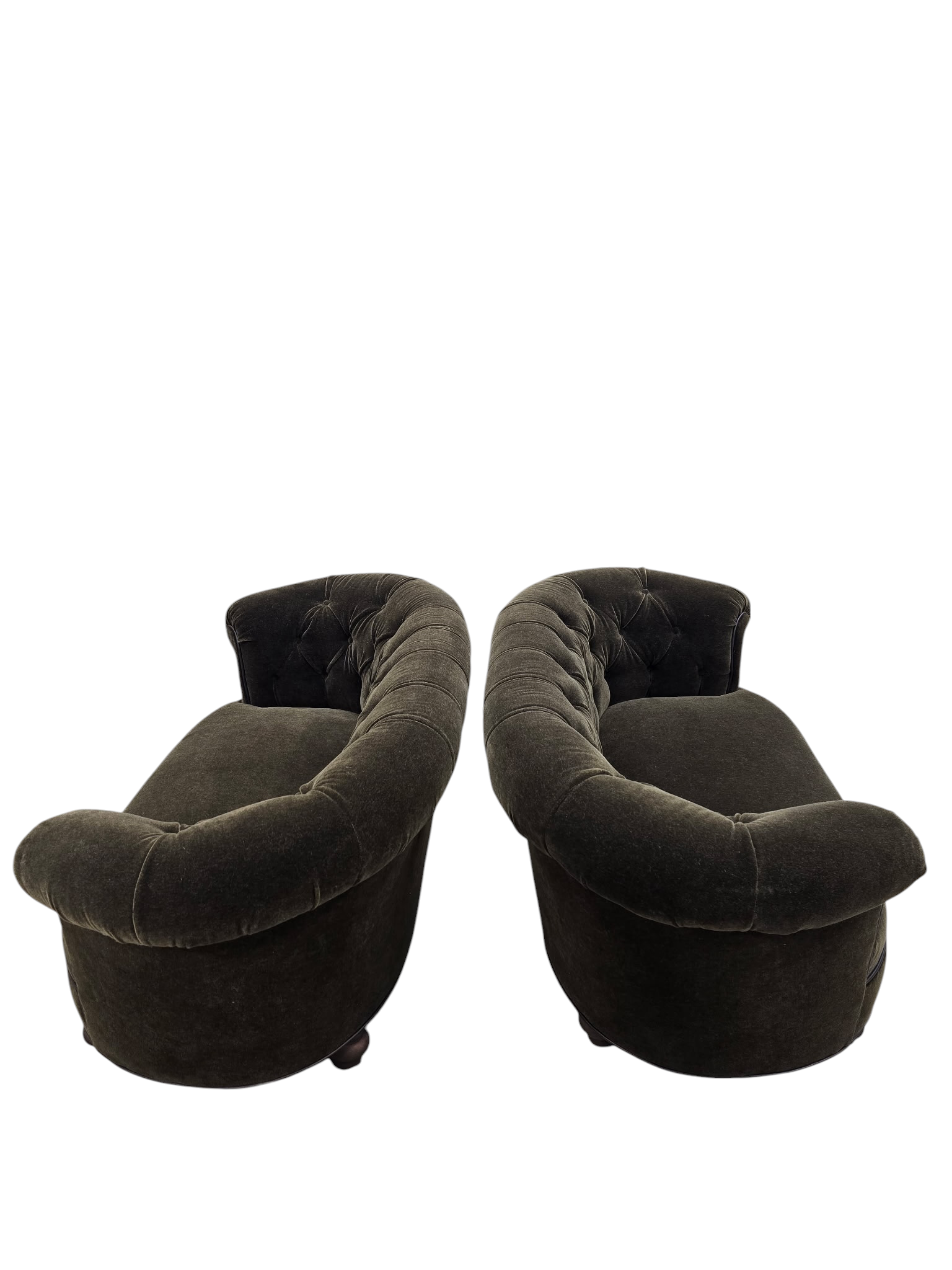 NEW - Hollywood Regency Tufted Barrel Back Loveseats Newly Reupholstered in Dark Chocolate Mohair – Pair