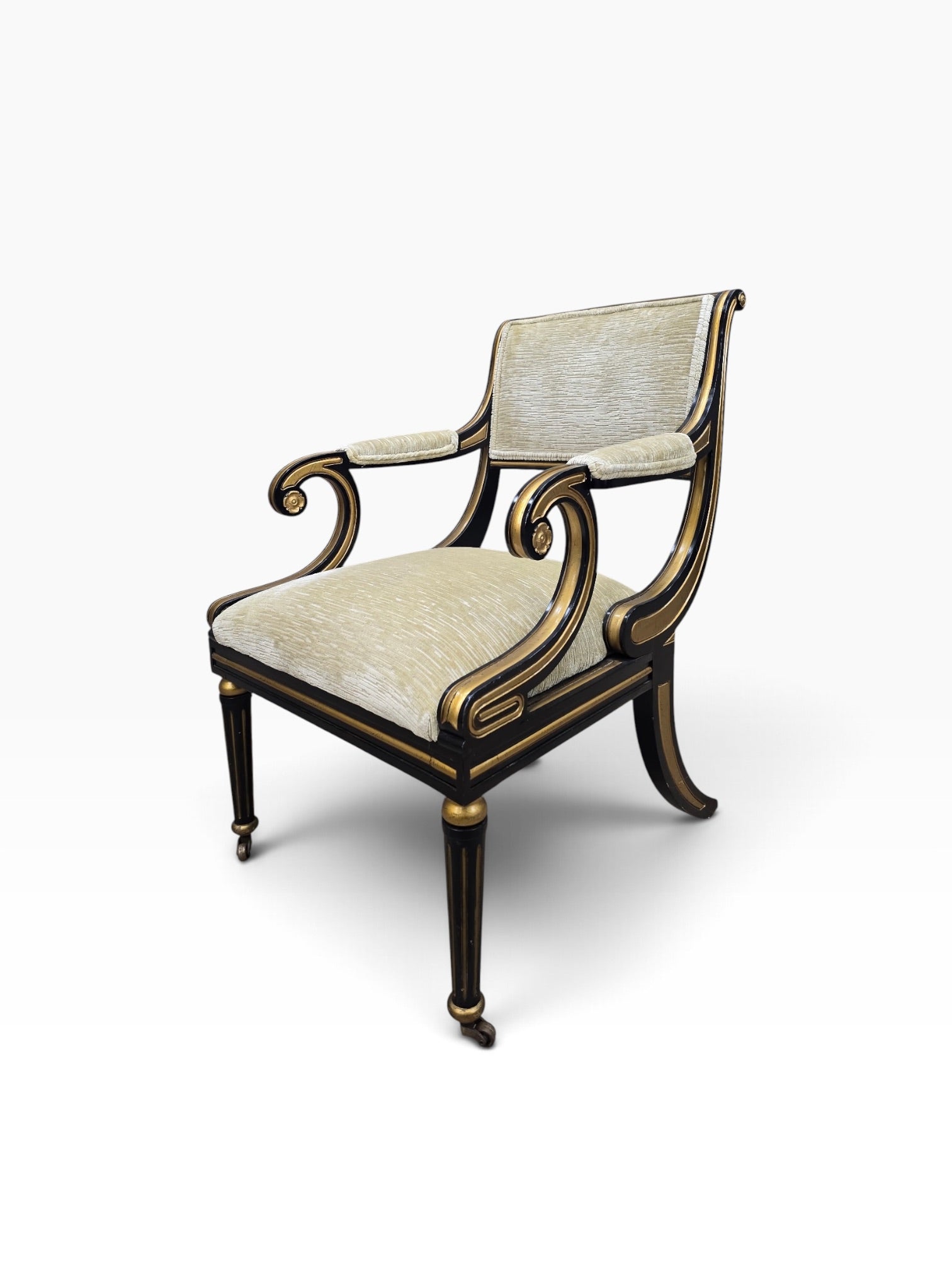 Regency Style Ebonized Armchairs by Baker Newly Reupholstered in a Gold Chenille Fabric - Pair