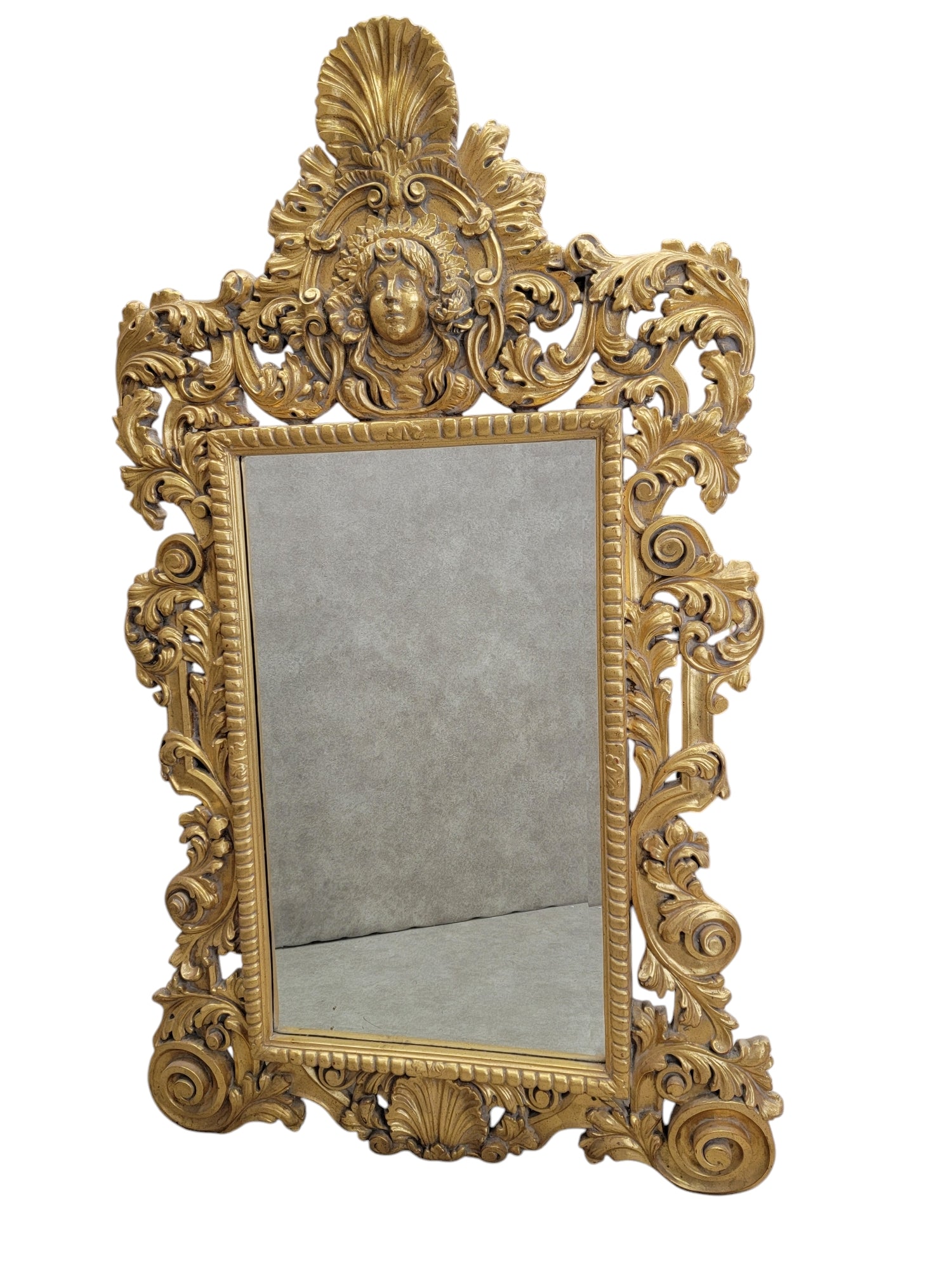 Vintage Hollywood Regency Italian Versace Style Carved Ornate Gold Gilded Figural Beveled Wall Mirror