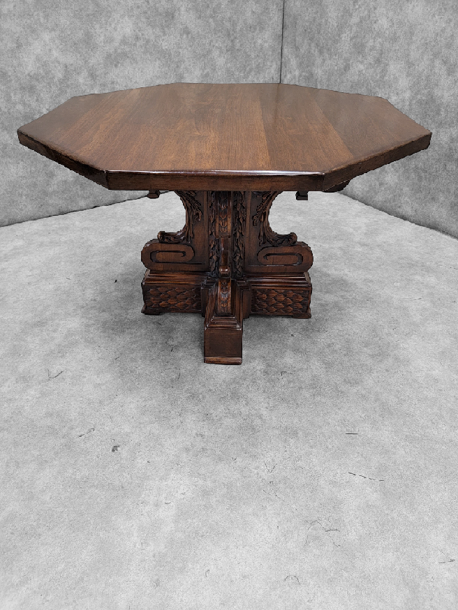 Antique Italian Baroque Style Finely Carved Ornate Mahogany Octagonal Center/Library Table