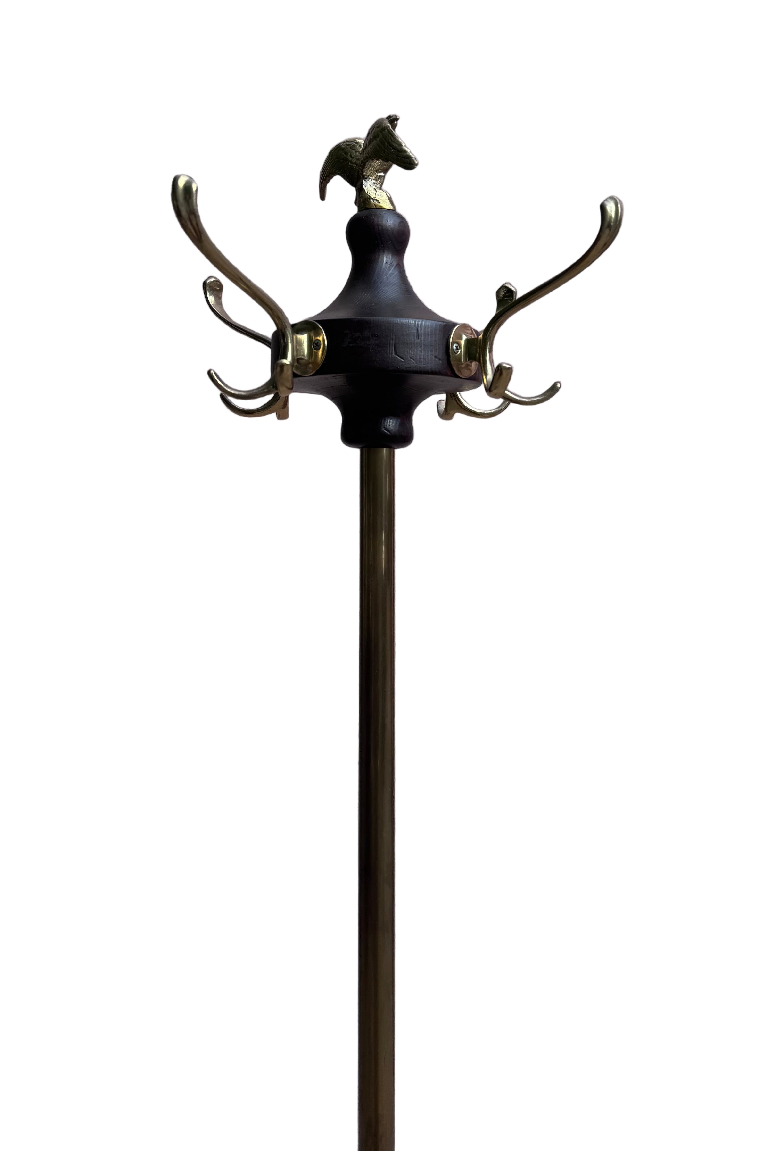 Antique Victorian Federal Style Brass, Wood and Wrought Iron Coat Rack with Eagle Finial