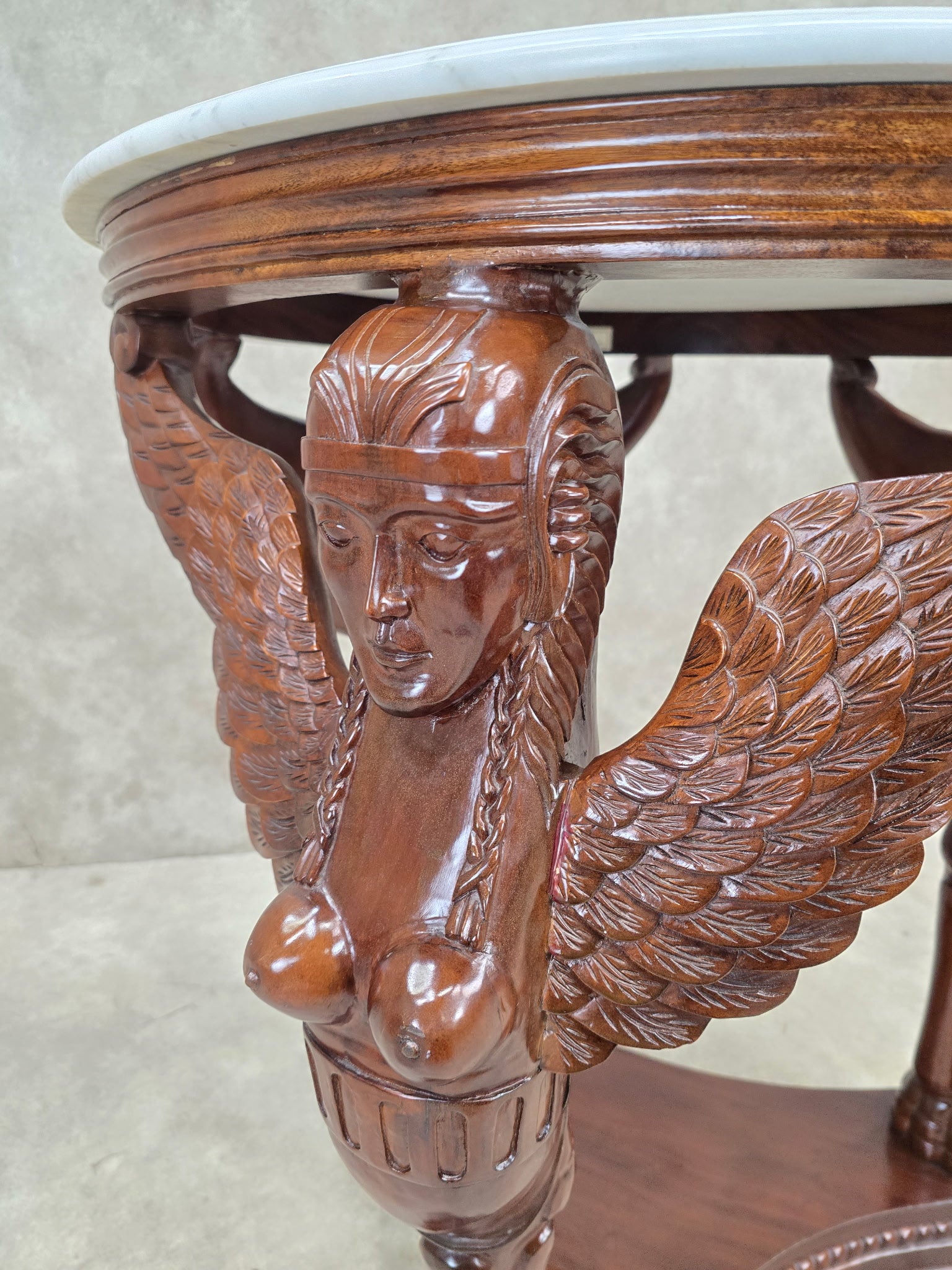 Vintage Indonesian Neoclassical Style Winged Caryatid Marble Top Center Table