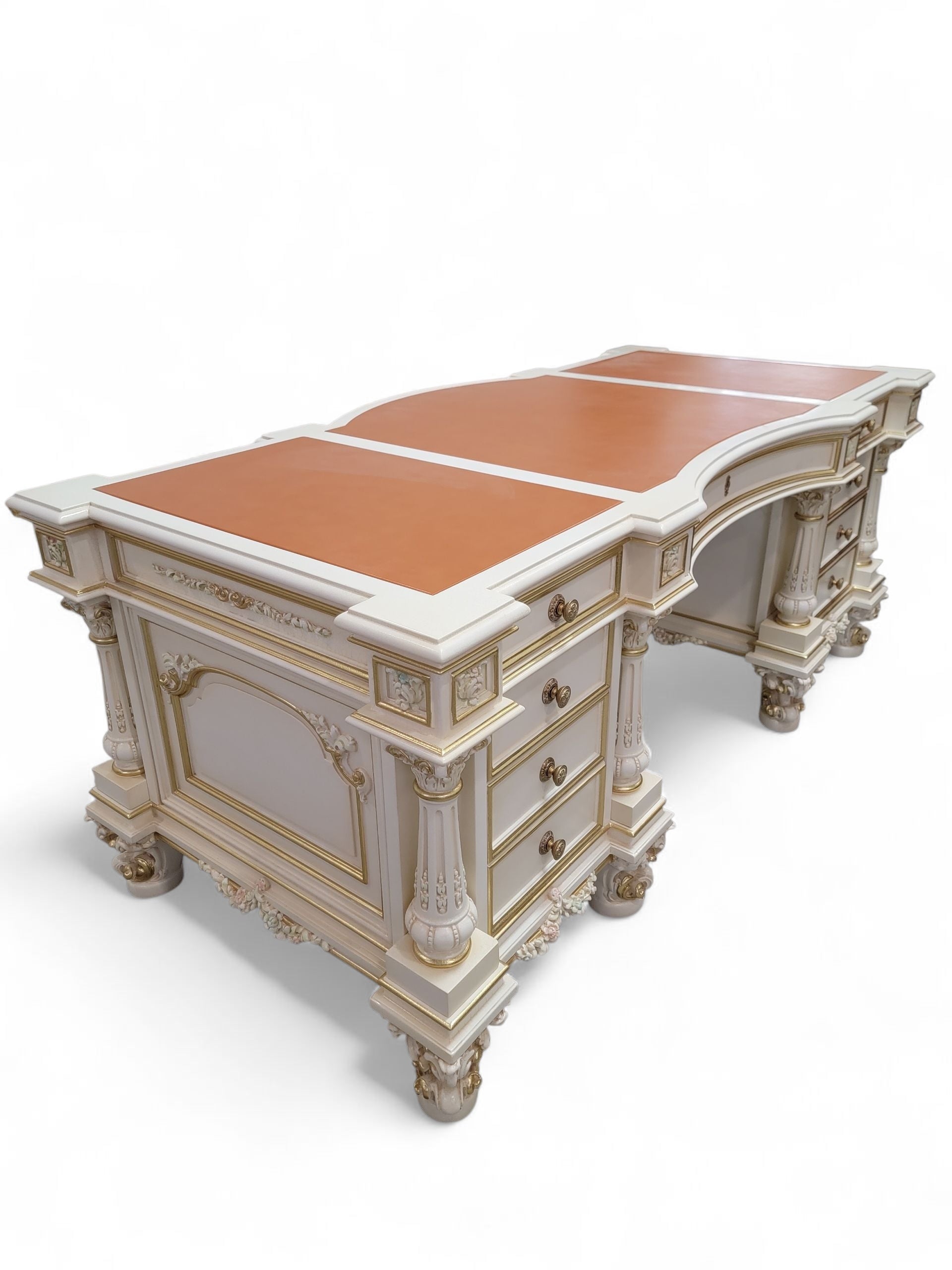 Vintage Custom Venetian Antique Rococo Style Antique White Carved Executive Desk