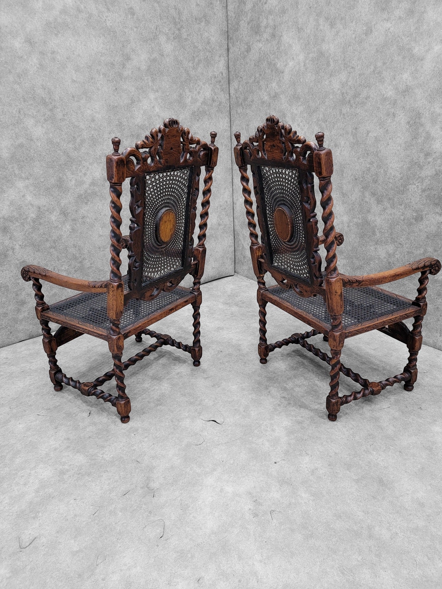 Antique French Jacobean/Renaissance Revival Carved Ornate Figural Throne Chairs - Pair