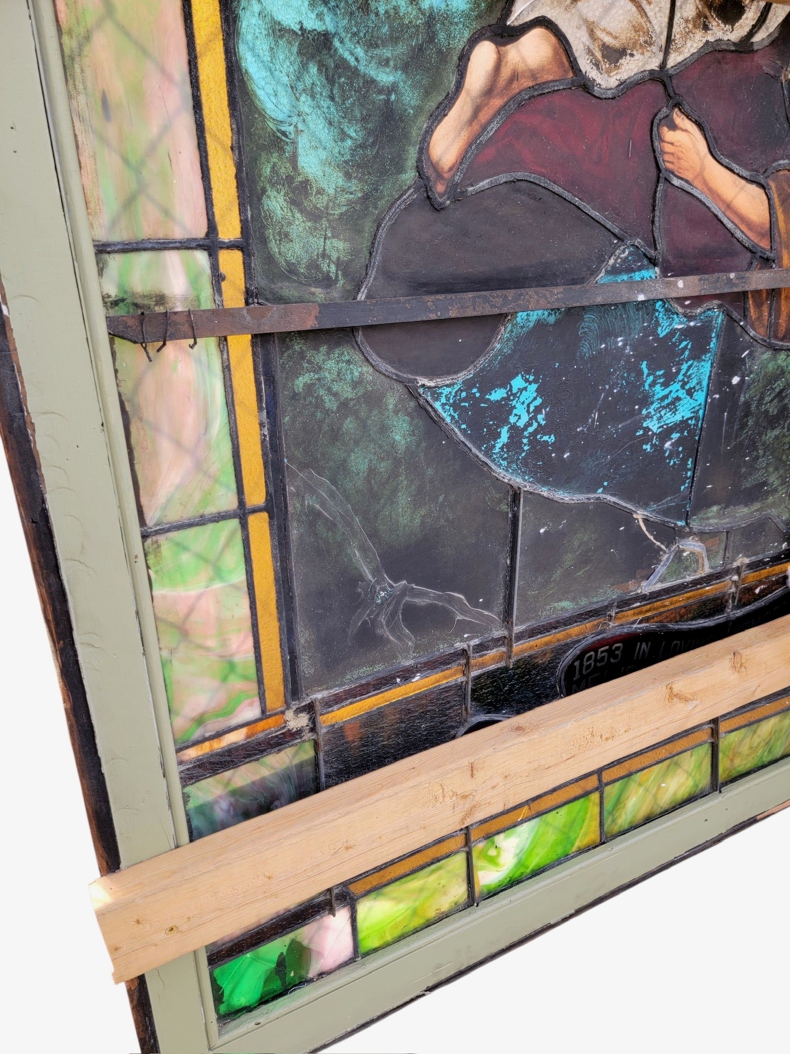 Antique Monumental Tiffany Style Salvaged “Heaven” Stained Glass Window