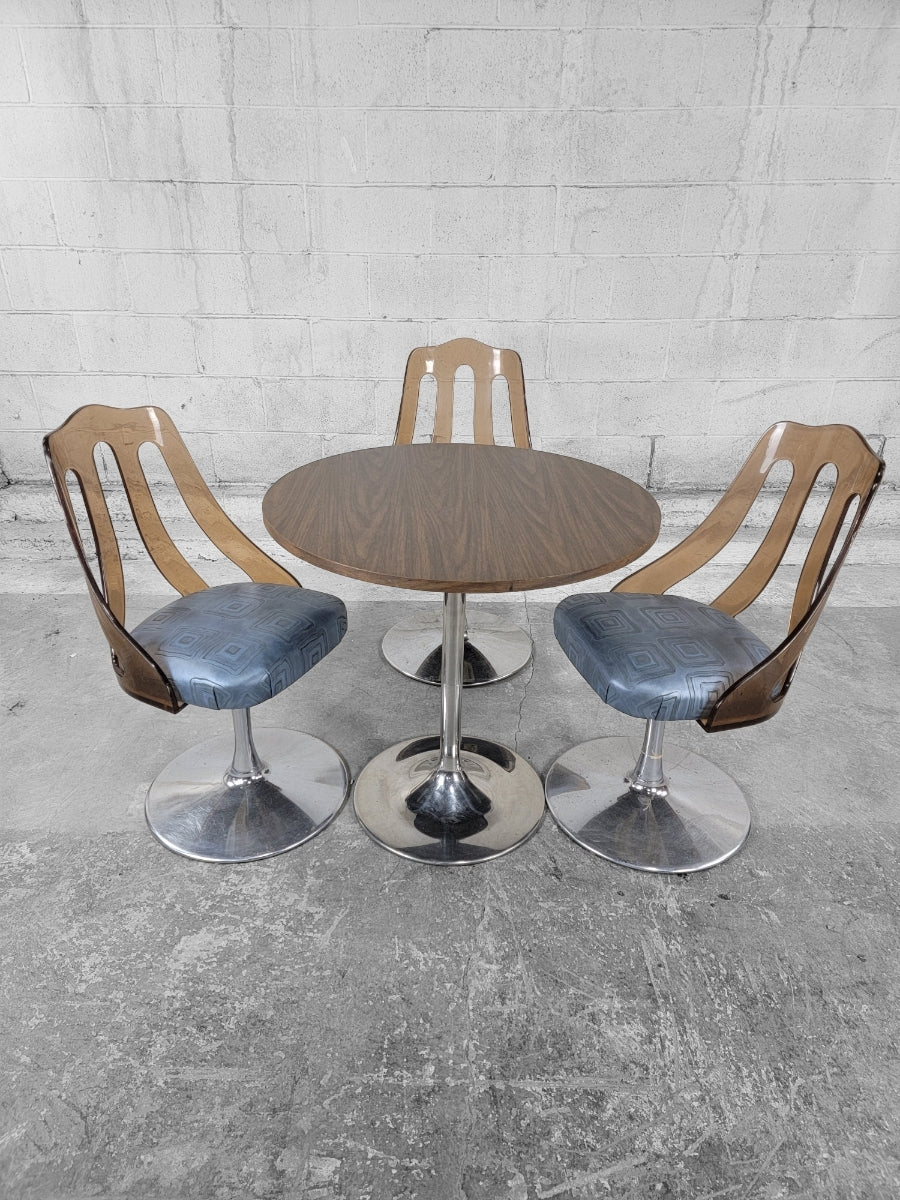 New - Mid Century Modern Retro Space Age Tulip Tinted Lucite Swivel Dining/Side Chairs New Upholstered in Leather - Set of 3