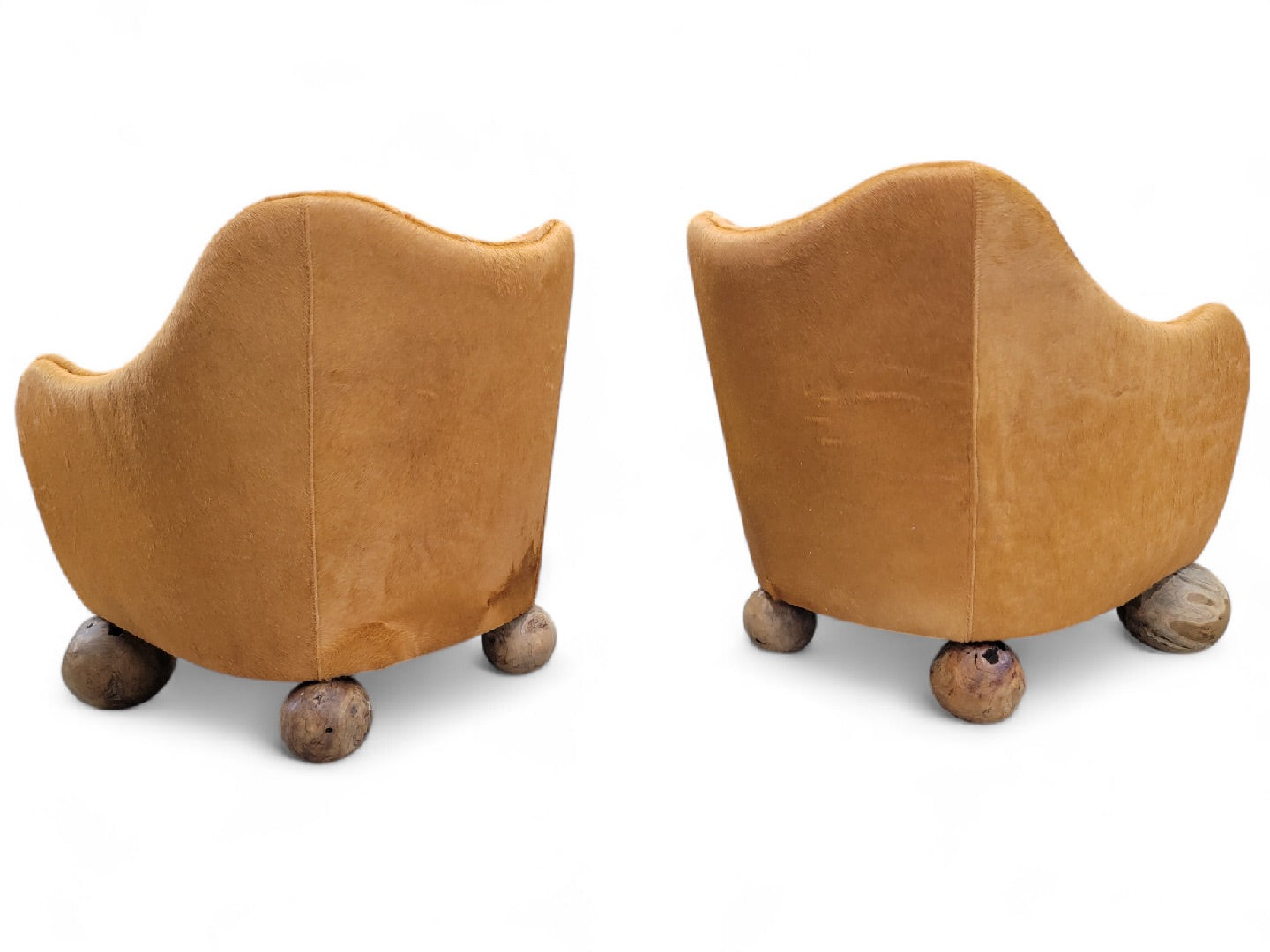 Vintage Rustic Contemporary Sculptural Club Chairs Newly Upholstered in Suede and Cowhide - Pair