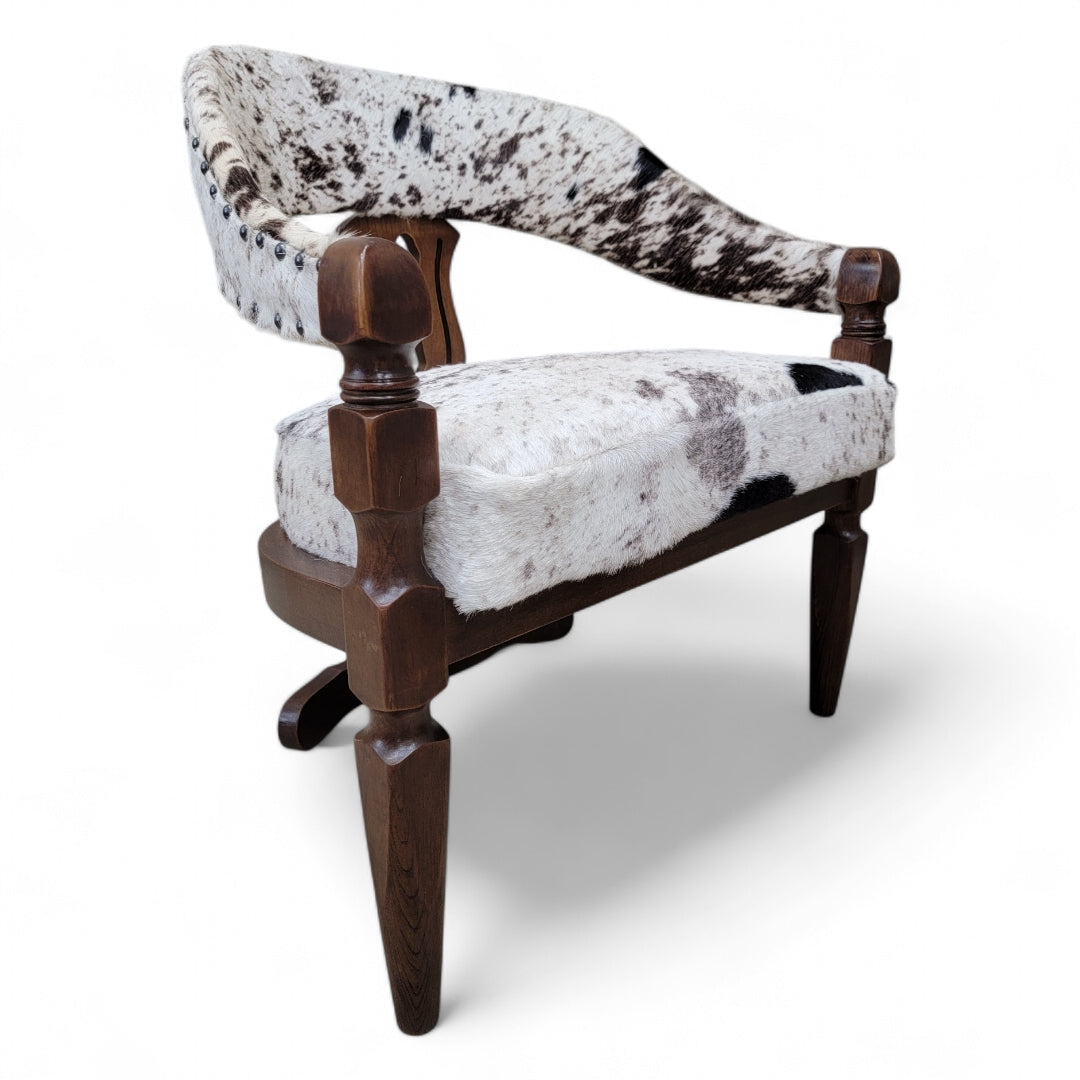 Modern Asian Inspired Carved Curved Back 3 Leg Dining Chairs Upholstered in Cowhide - Set of 4