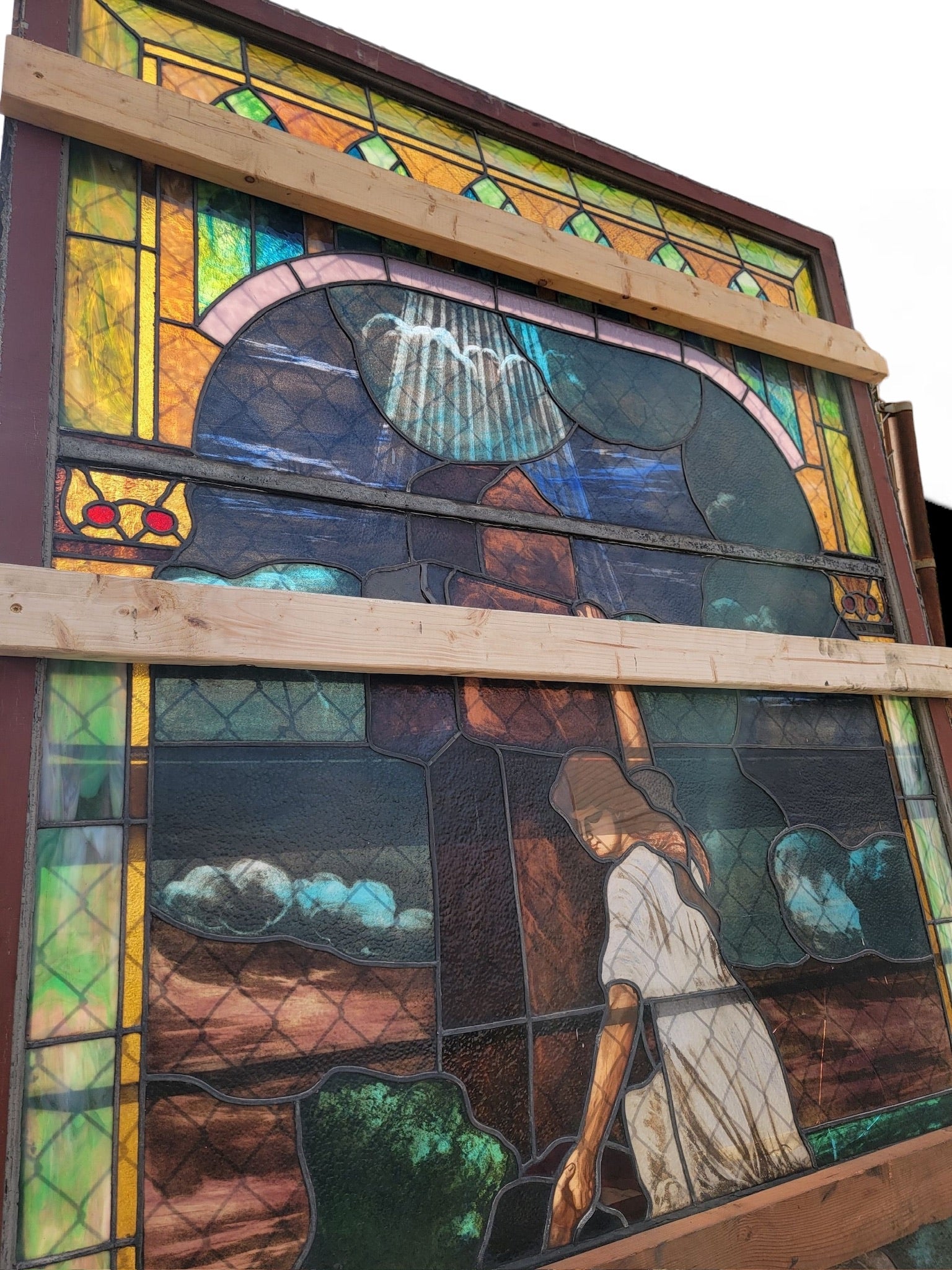 Antique Monumental Tiffany Style Salvaged “Heaven” Stained Glass Window