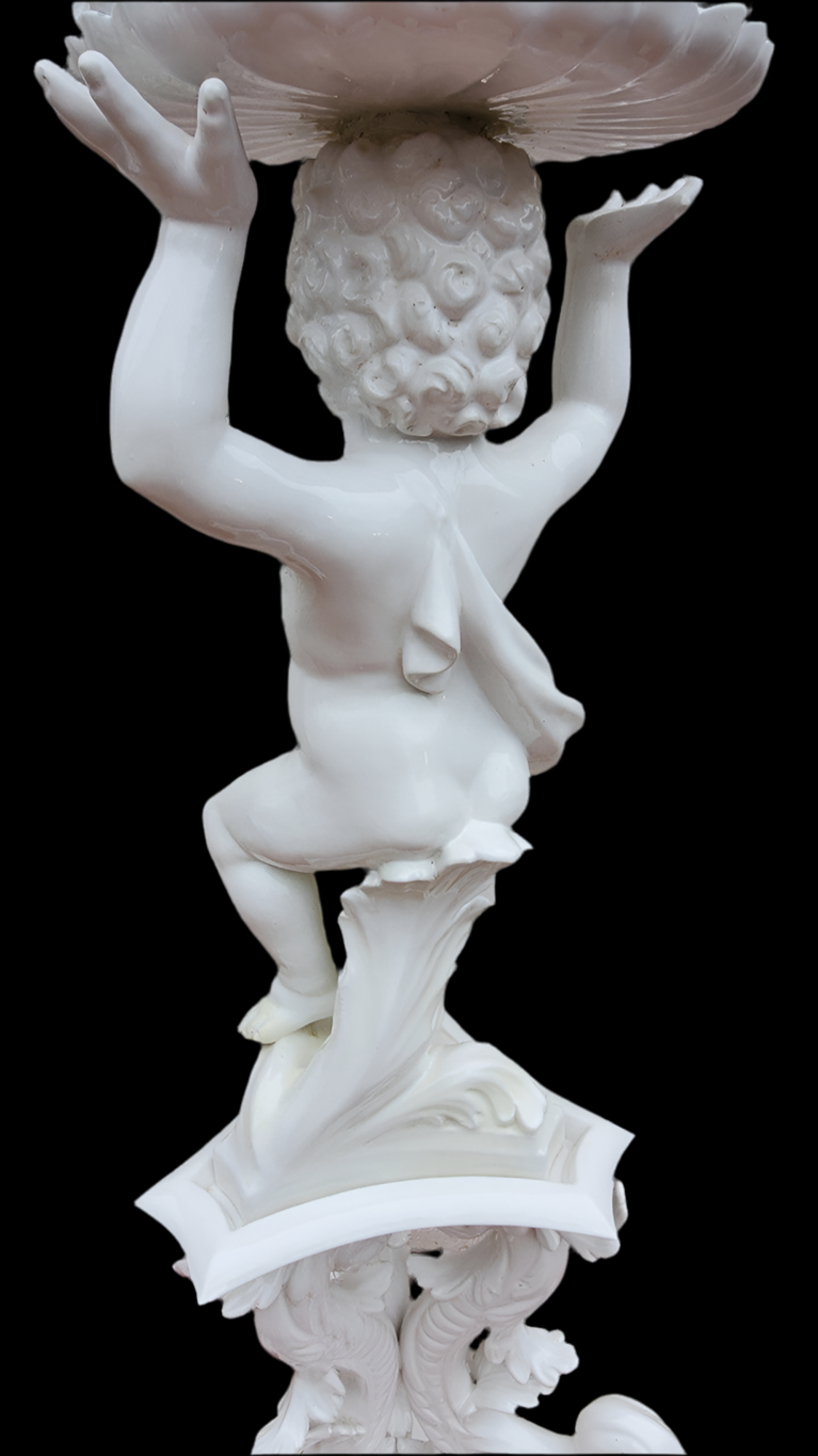 Antique Italian Rococo Style White Capodimonte-Style Cherub Putti Figural Plant Stand / Pedestal Sculpture