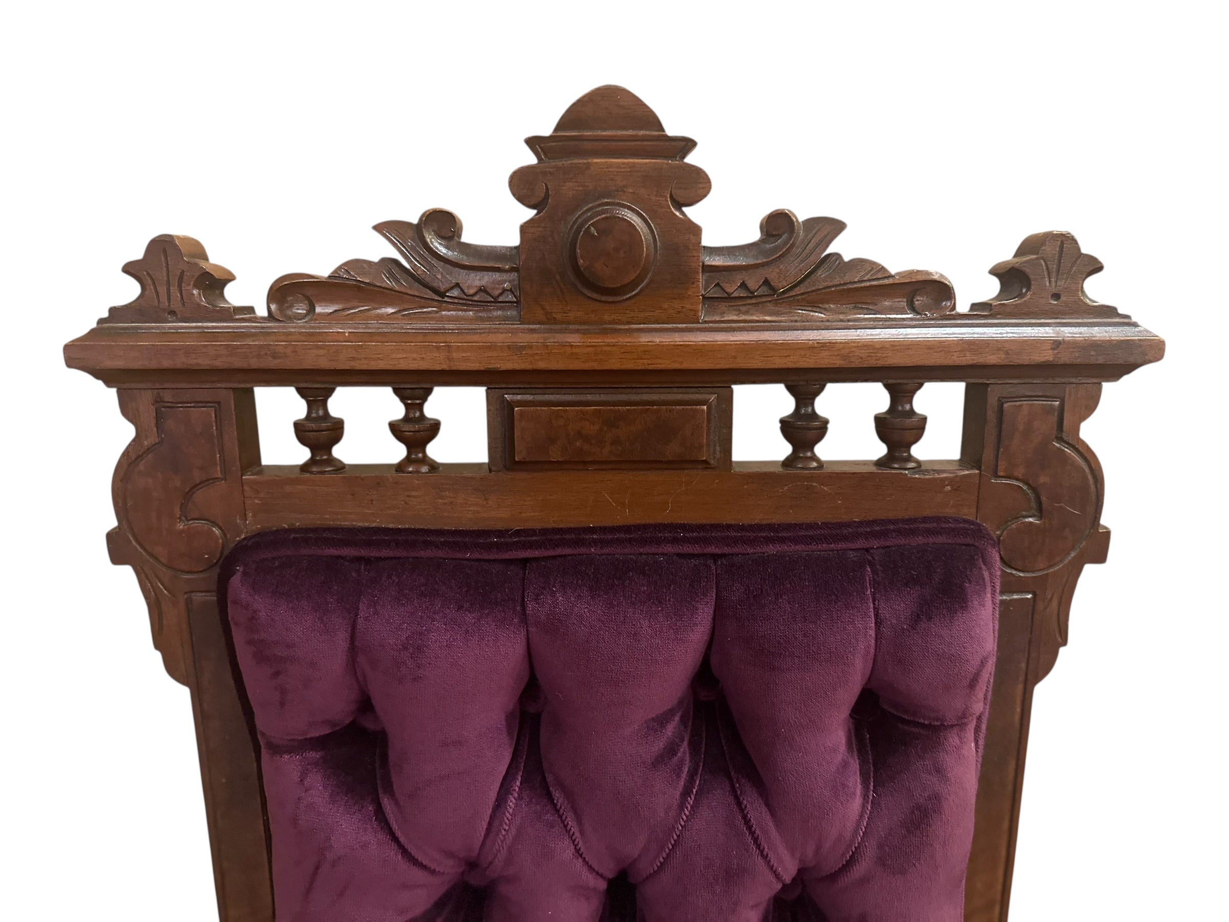 Antique Victorian Eastlake Style 3 Piece Carved Ornate Parlor Set Newly Reupholstered in a Purple Velvet