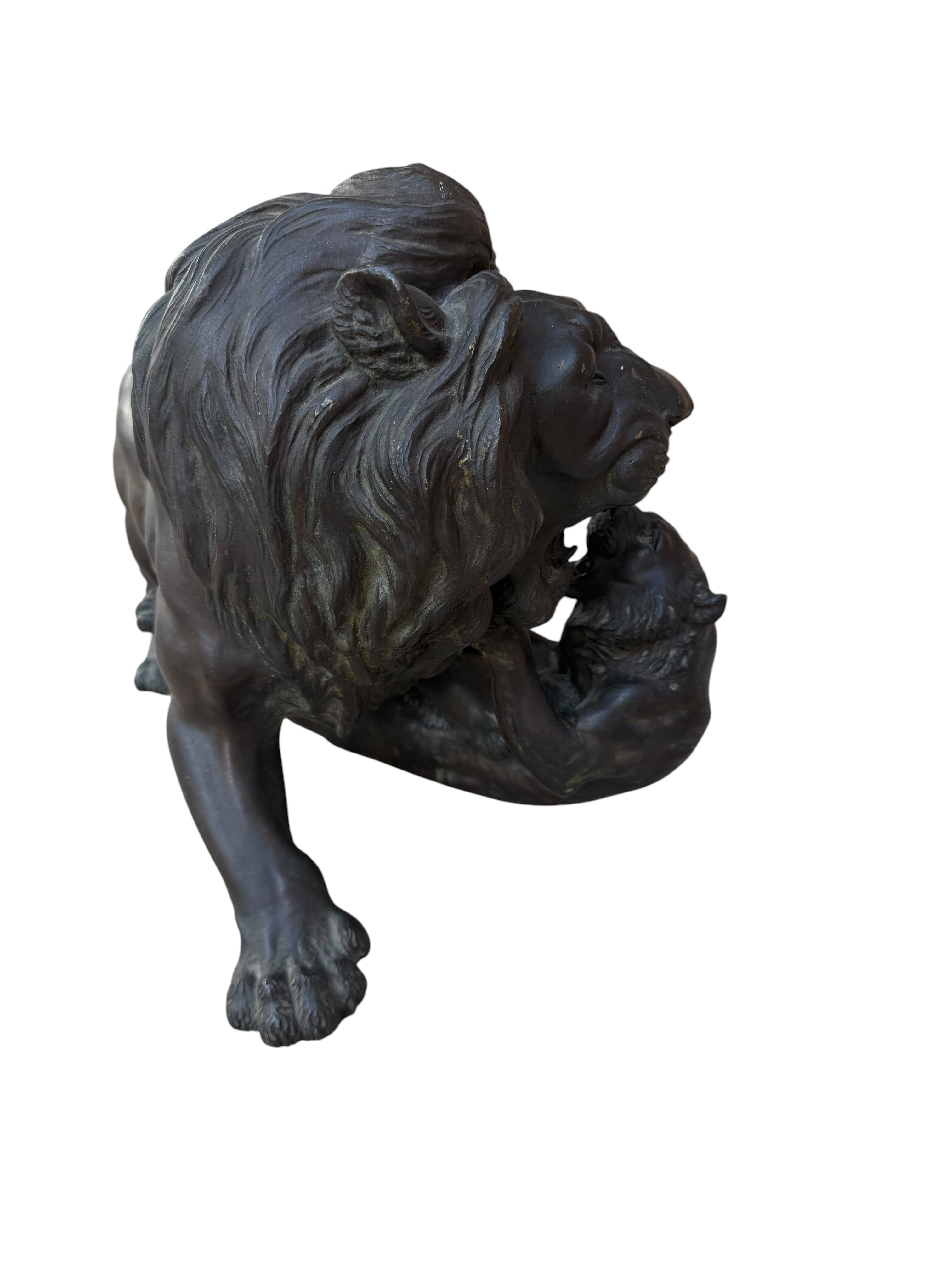 Antique Patinated Bronze Lion and Tiger Animalier Sculpture