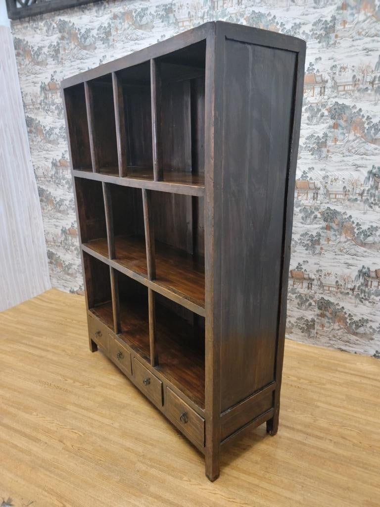 Antique Shanxi Province Elmwood Open Shelf Display Bookcase With Original Brown Lacquer