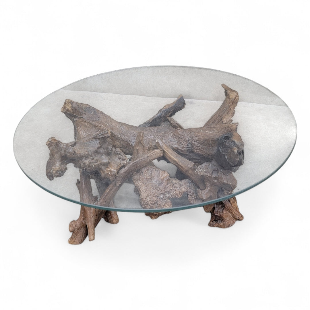 Mid Century Drift/Teak Root Live Edge Low Round Glass Top Cocktail Table