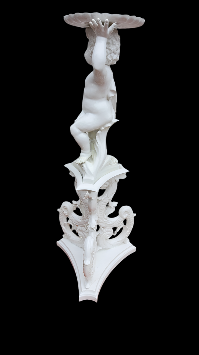 Antique Italian Rococo Style White Capodimonte-Style Cherub Putti Figural Plant Stand / Pedestal Sculpture