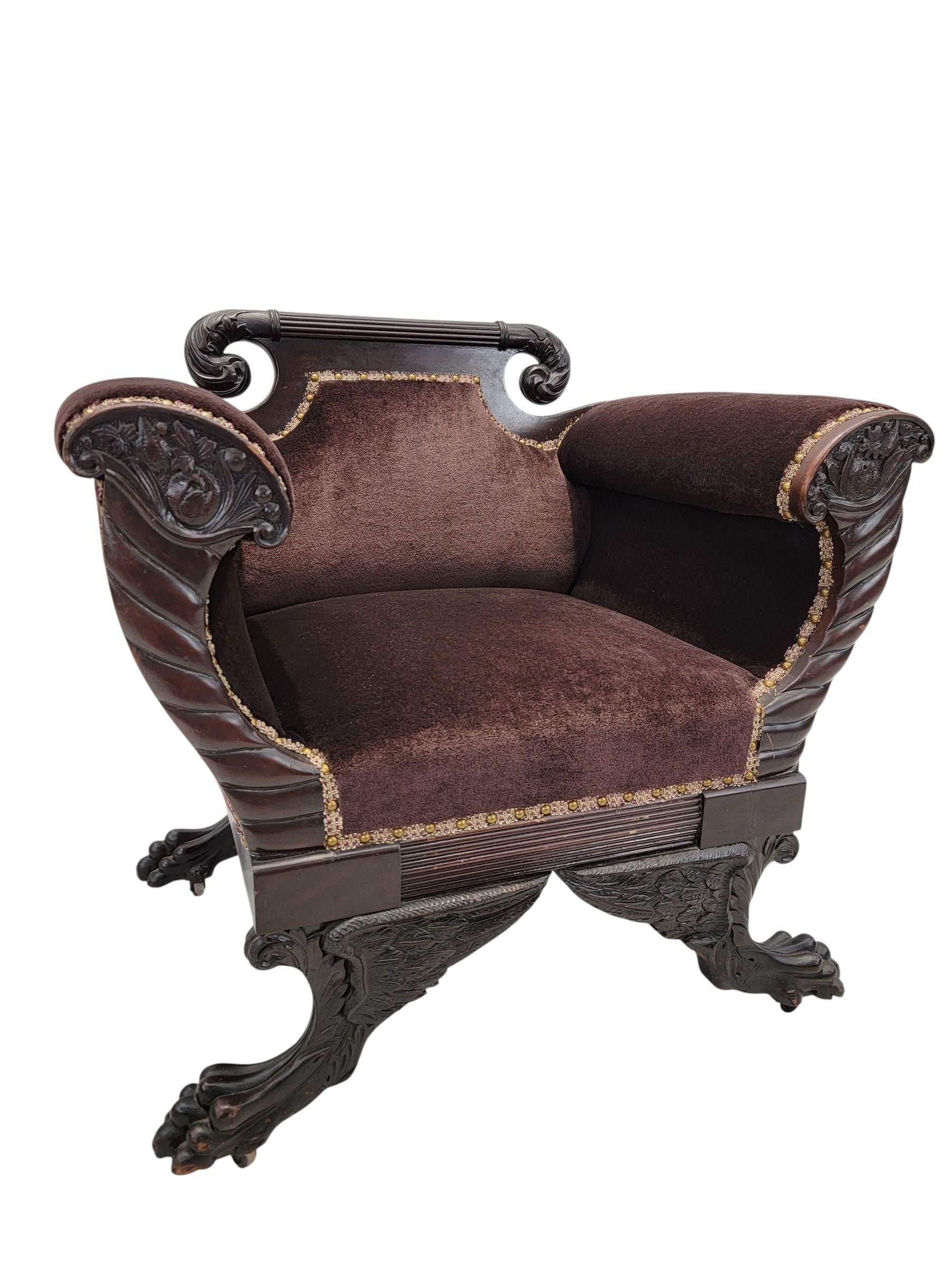 American Empire Mahogany Armchair Newly Reupholstered in Mohair