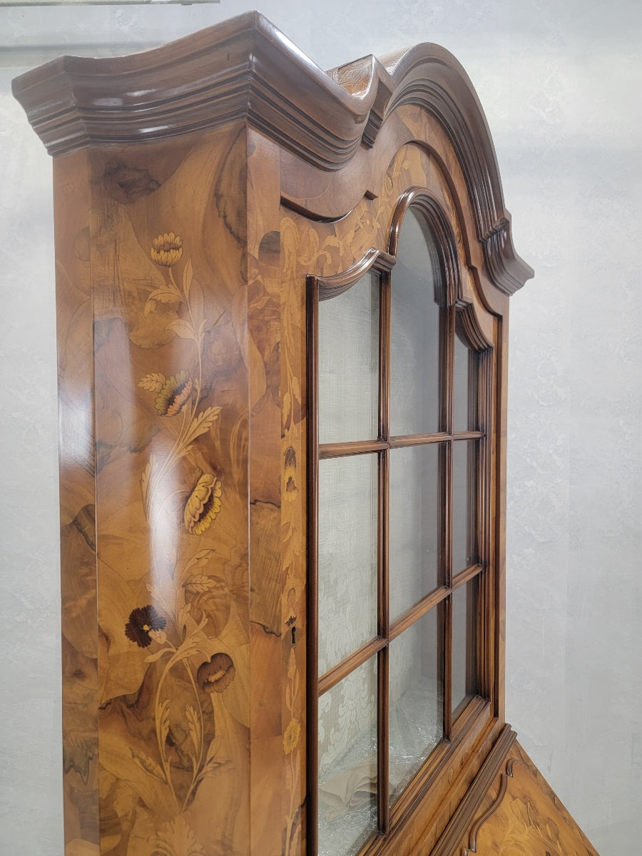 Vintage Italian Baroque Style Marquetry Inlay Carved Flip-Down Secretary Display Cabinet