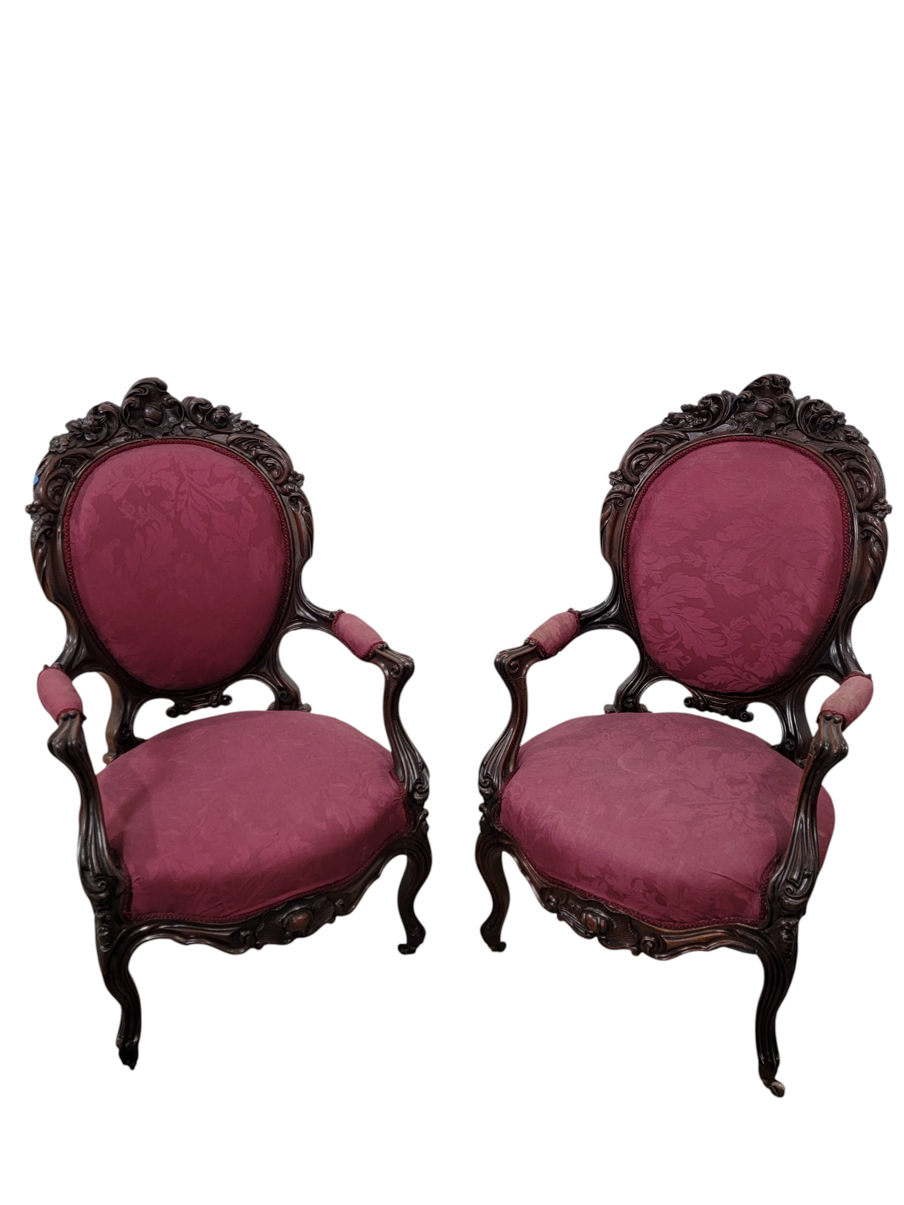 Antique French Napoleon III Carved Walnut Medallion Back Parlor Chairs – Pair