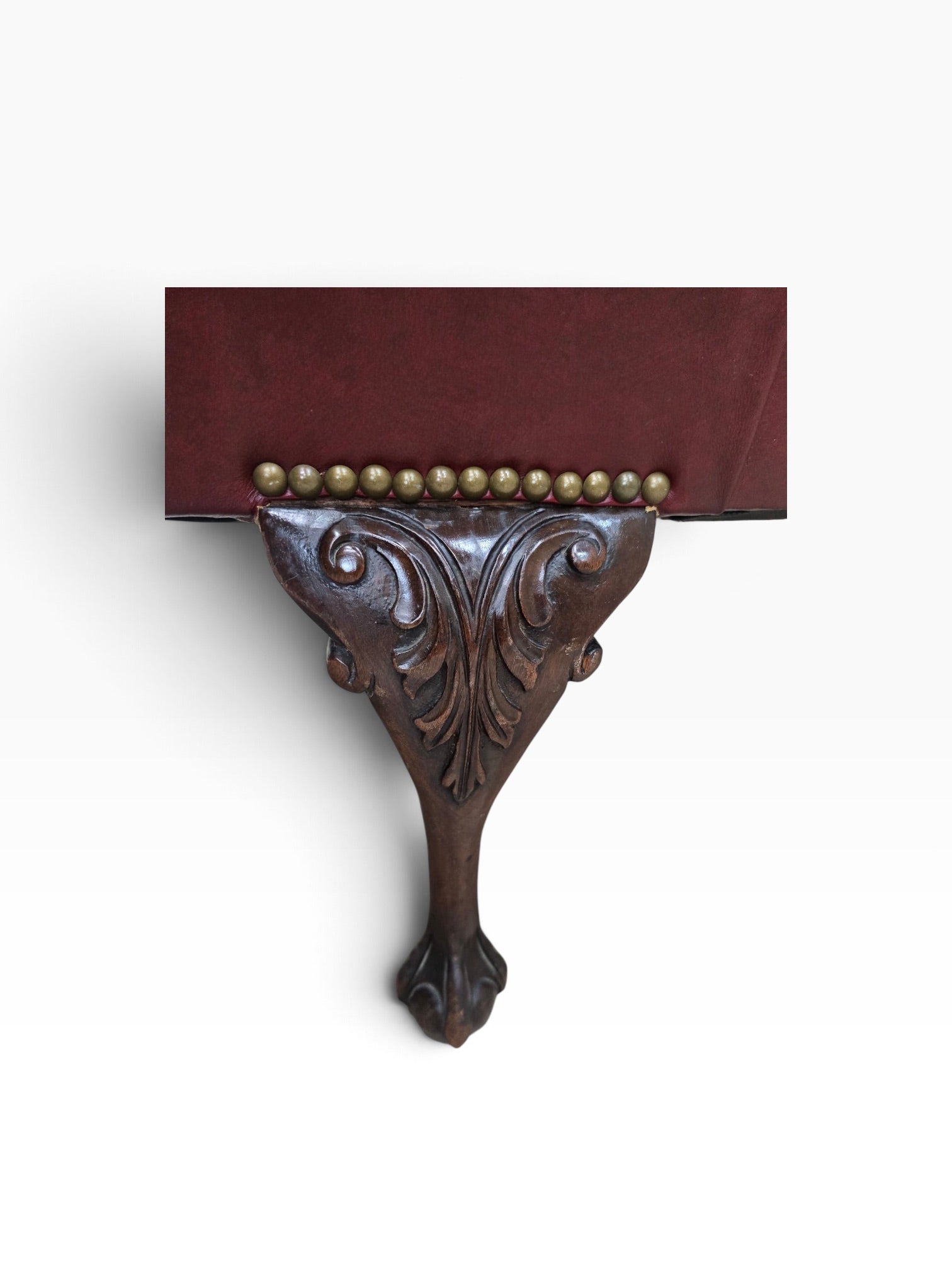 Chippendale Style Carved Mahogany Ball & Claw Six Leg Tufted Hall/Dining Bench Newly Reupholstered in Cabernet Leather - Pair