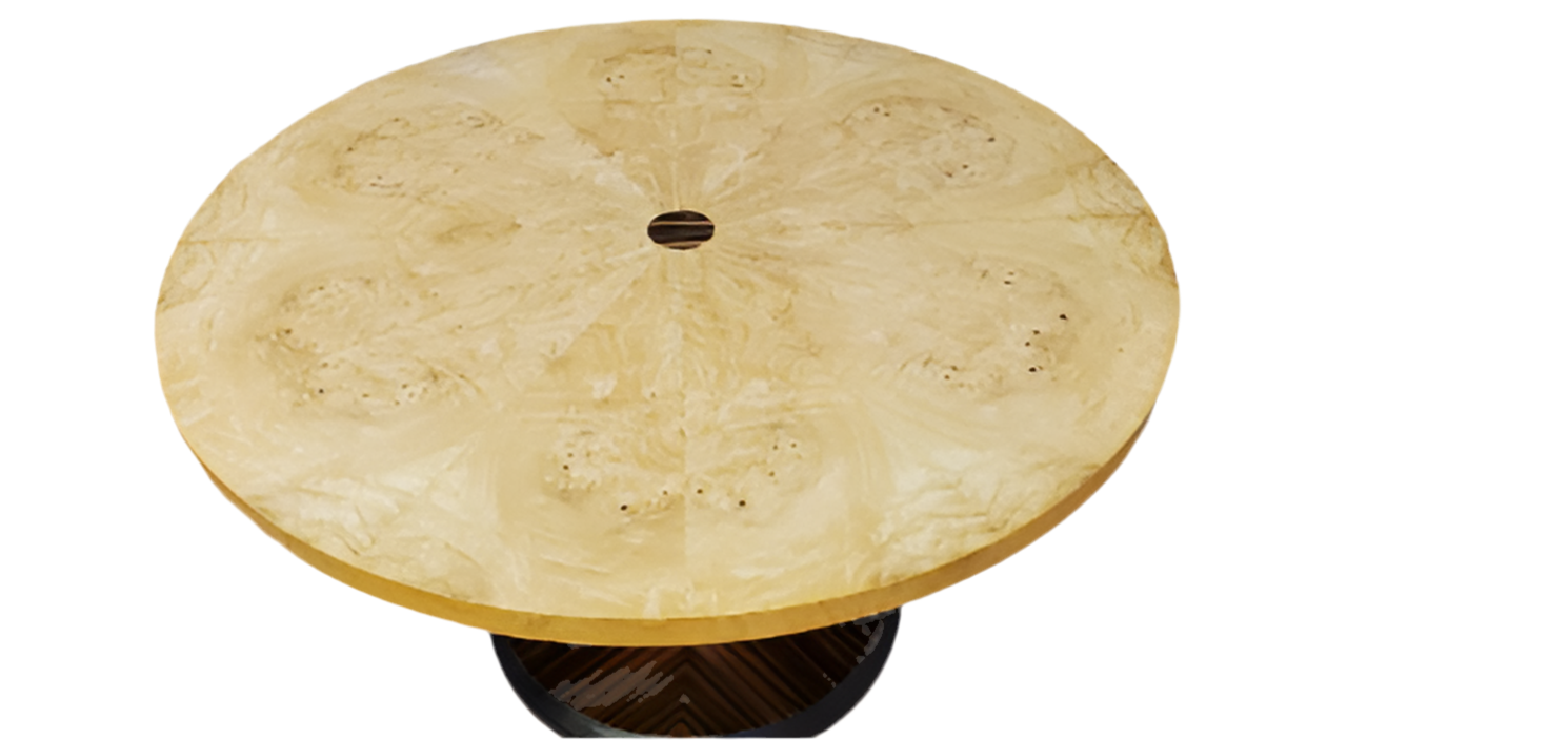 Vintage Blonde Burl & Rosewood Cylinder Pedestal Game Dining Table