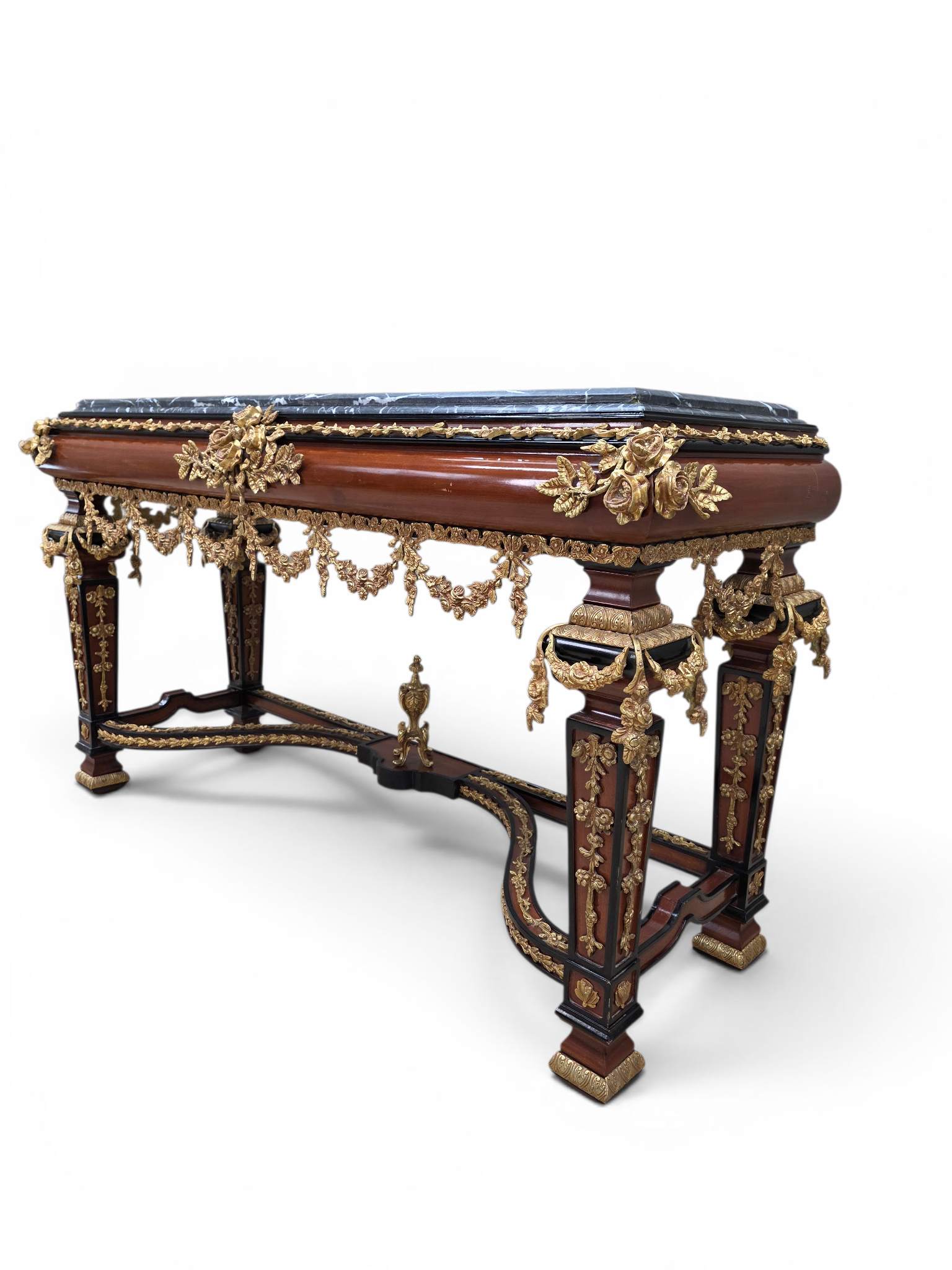 New - Antique French Louis XVI Napoleon III Style Mahogany, Gilt Bronze & Black Marble Console Table with Matching Mirror