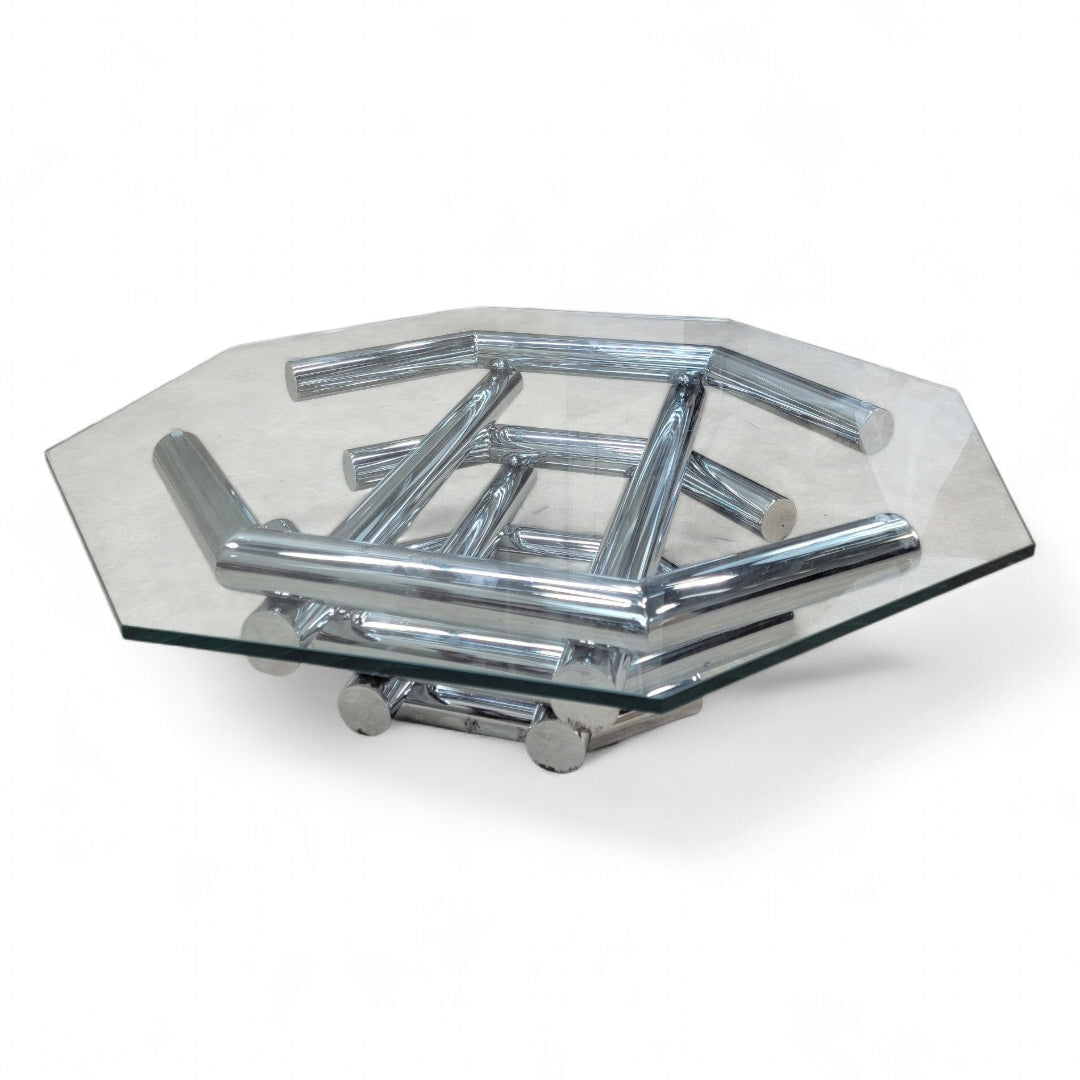 Mid Century Modern Paul Mayen Style Stacked Octagonal Tubular Chrome Coffee Table