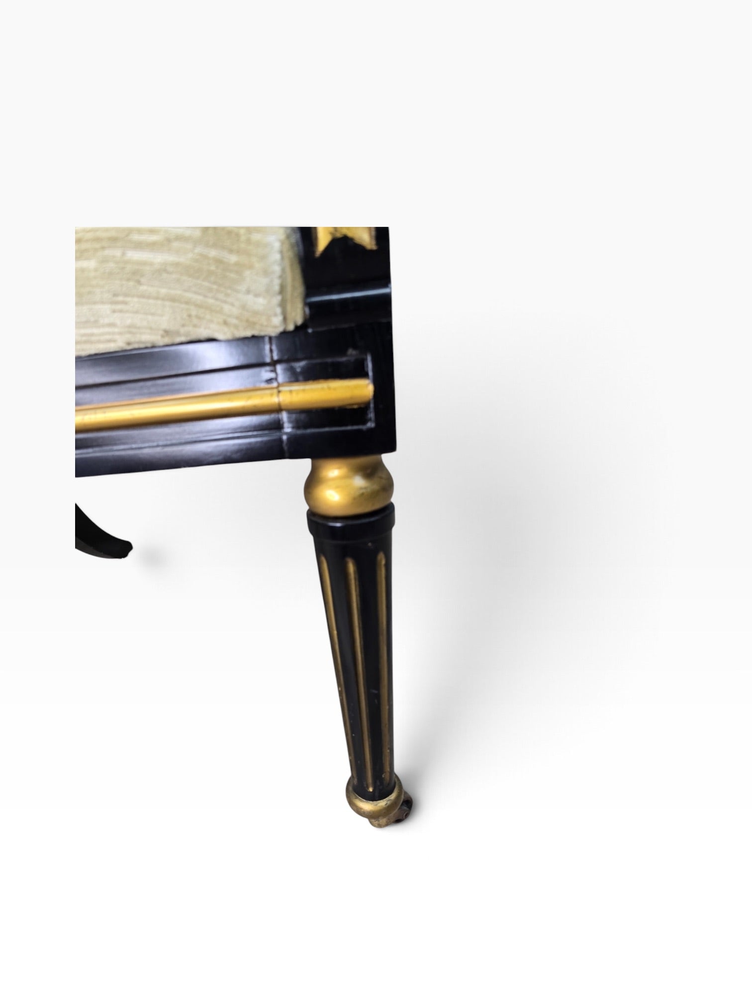 Regency Style Ebonized Armchairs by Baker Newly Reupholstered in a Gold Chenille Fabric - Pair