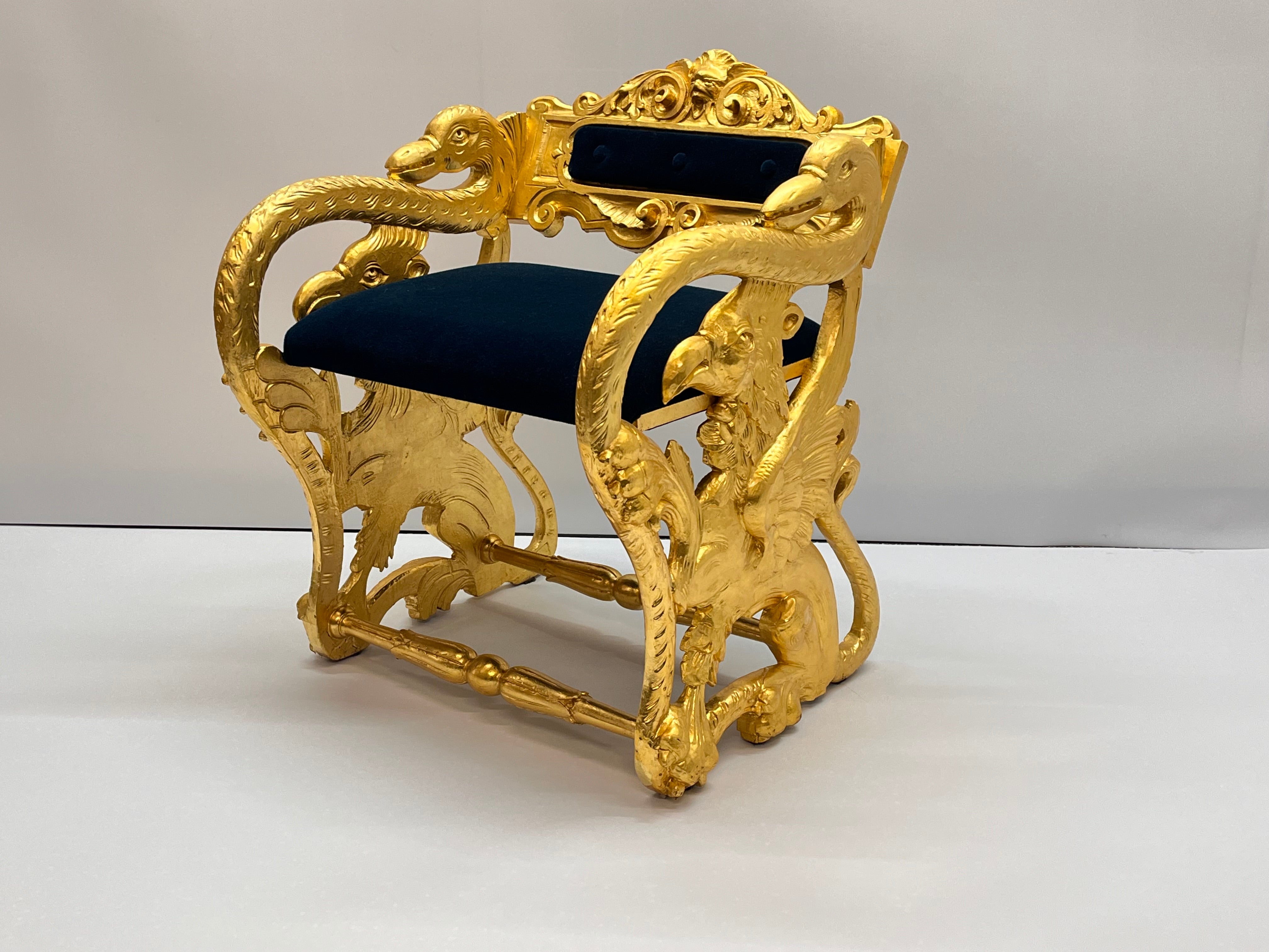 Antique Federal Style Carved Gold Gilt Swan and Eagle Carousel Bench Newly Reupholstered in Blue Mohair Seat