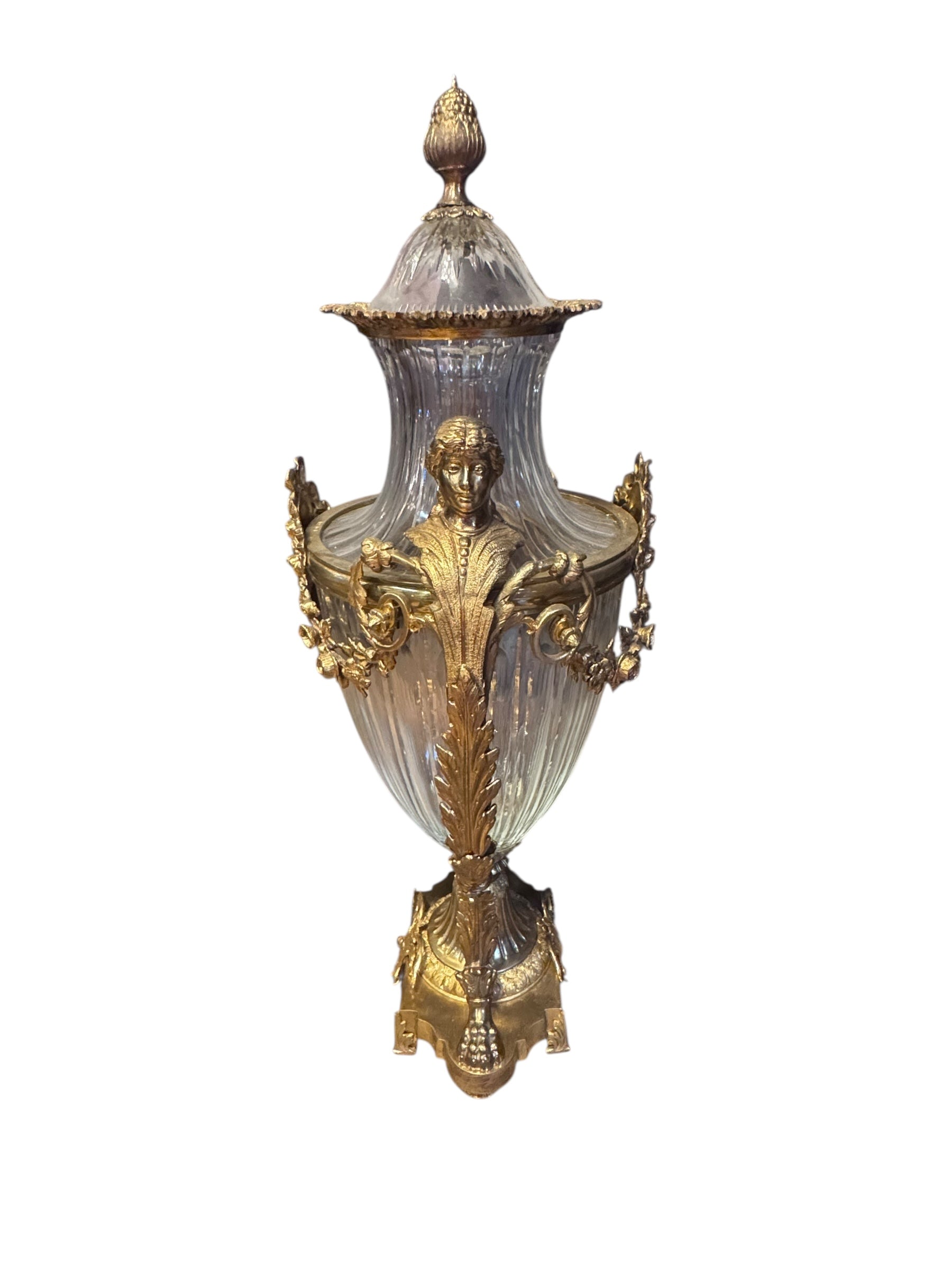 Antique French Gilt Bronze Diamond Cut Baccarat Crystal Urns Signed - Pair