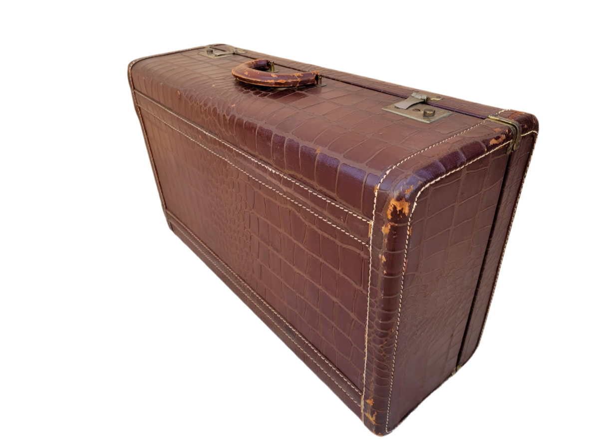 Art Deco Brown Alligator Embossed Leather Suitcase